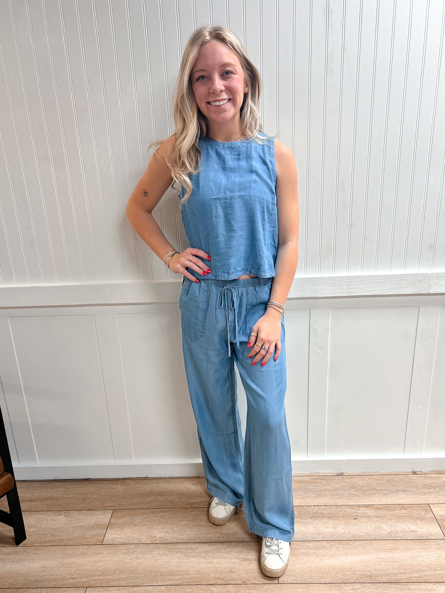 Hadley Chambray Drawstring Wide Leg Lounge Pants-Blu Pepper-bottoms,CR2967,FD 03/12/26-The Twisted Chandelier