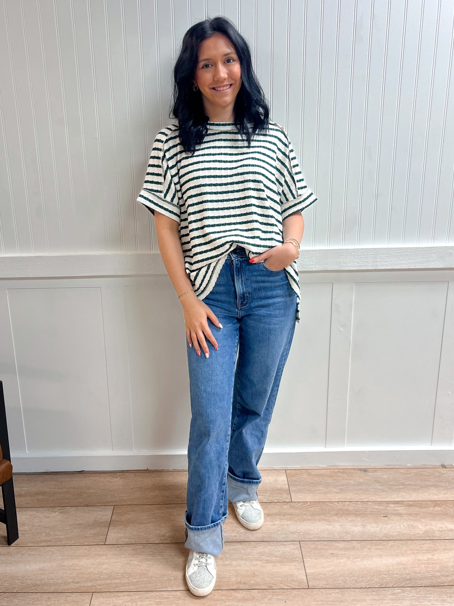 Riley Striped Short Sleeve Hi-Low Tee-ZENANA-FD 03/12/26,Tops Collection-The Twisted Chandelier