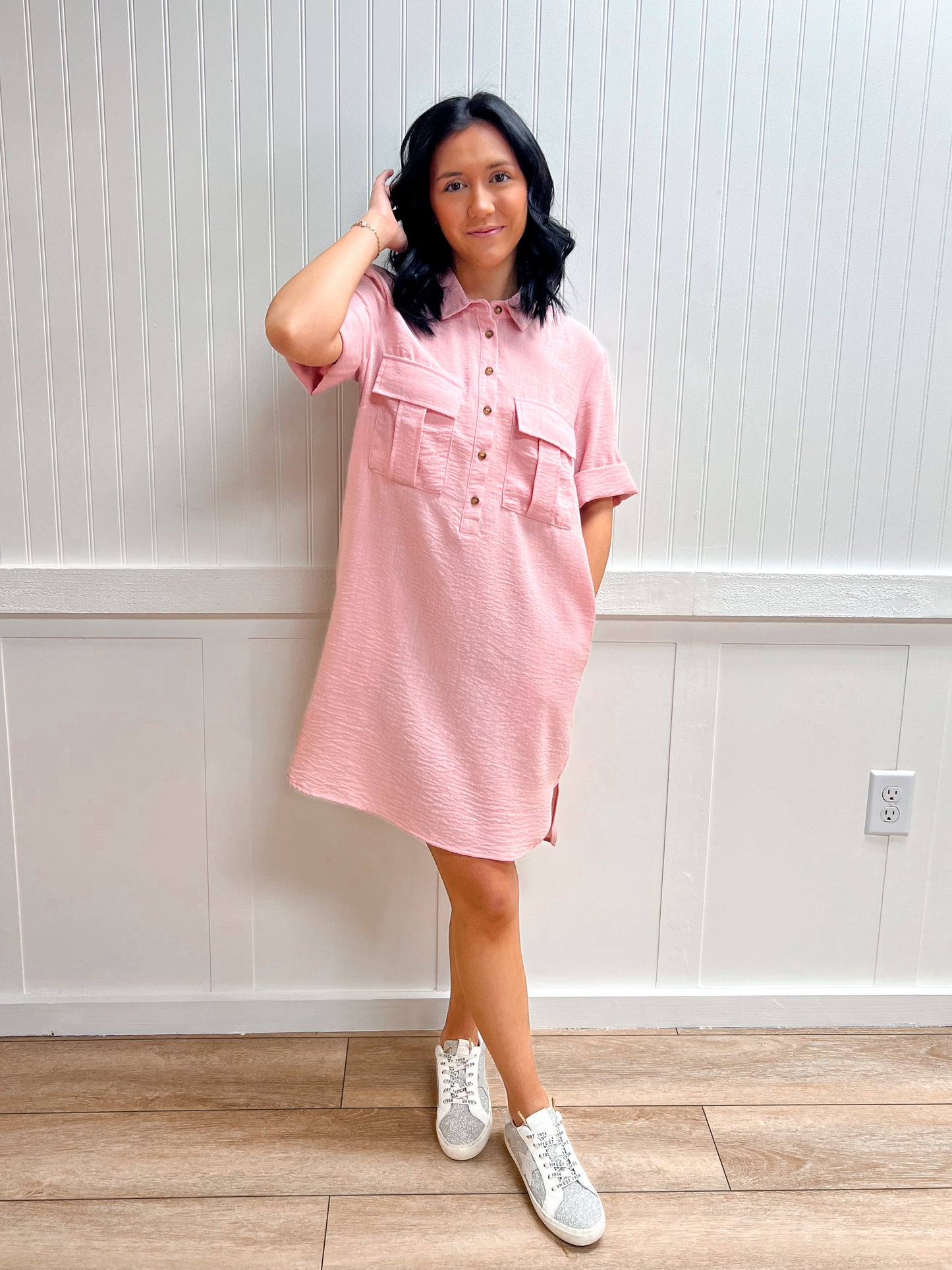 Blair Roll Up Short Sleeve Straight Linen Effect Mini Dress-Active Basic | Active USA-DJR,FD 02/03/26-The Twisted Chandelier