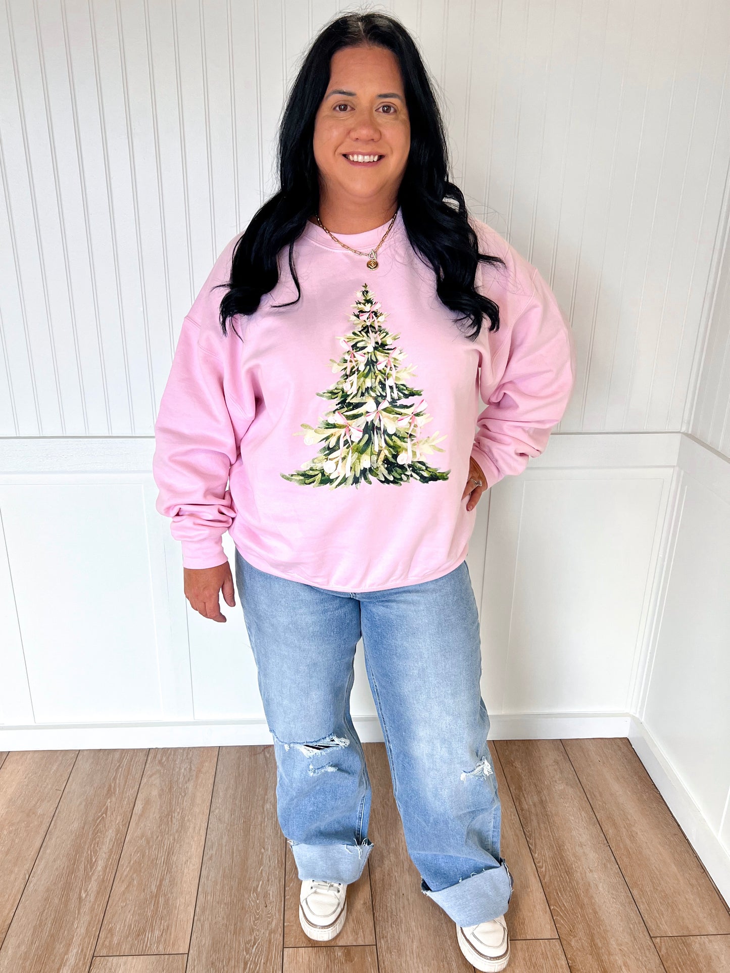 Pink Bow Christmas Tree Sweatshirt-Sweatshirt-Spirit+Tribe-BIN A 3,Christmas tote ct1,FD 12/03/24,Tops Collection-The Twisted Chandelier
