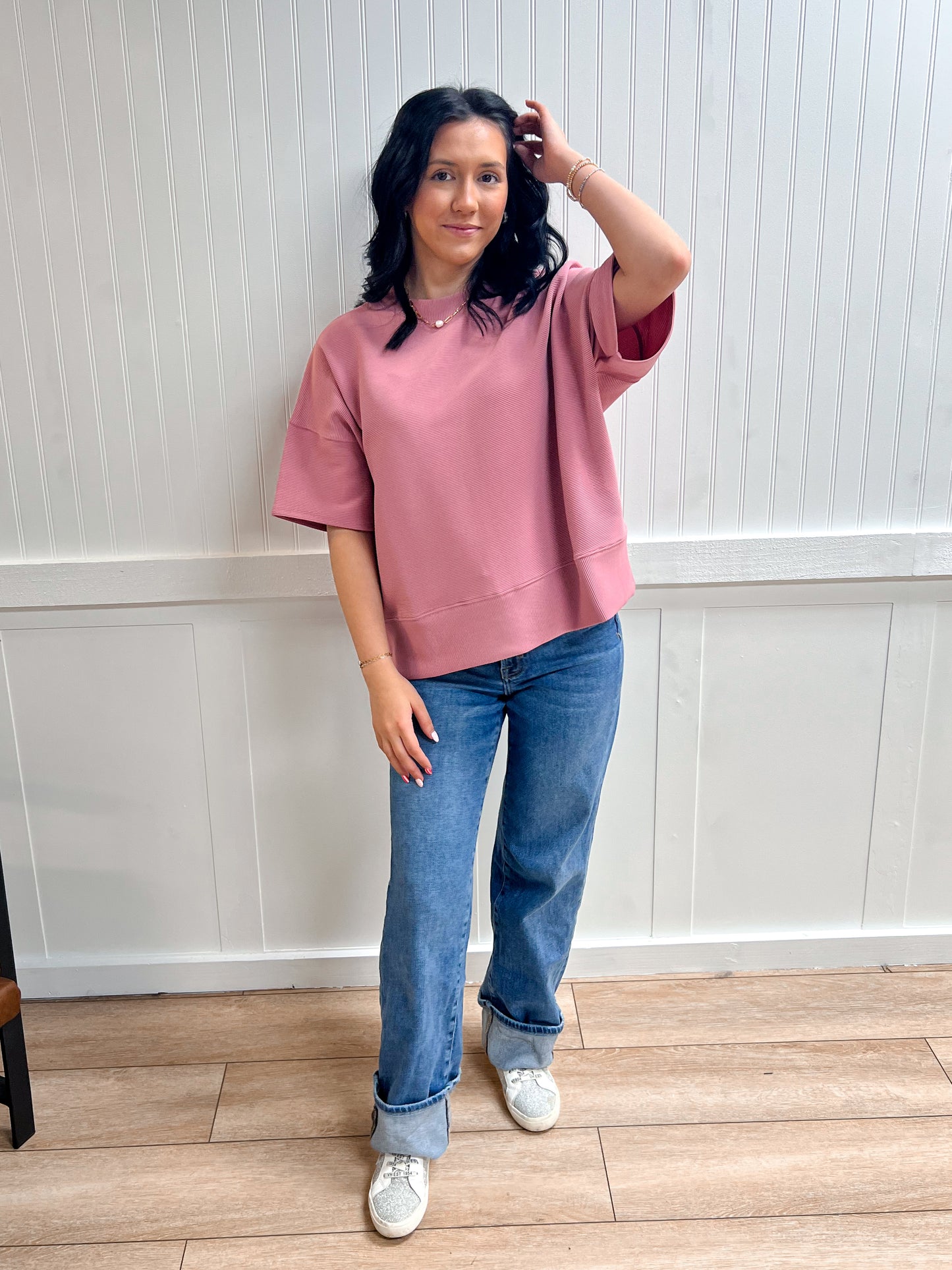 Kinsley Ribbed Round Neck Waist Banded Tee Shirts - Light Rose-Zenana-FD 03/12/26,Tops Collection-The Twisted Chandelier