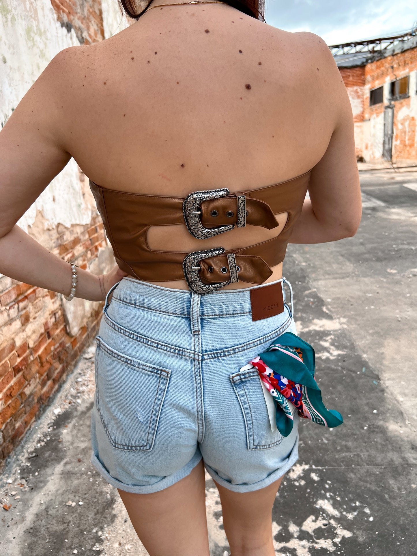 Charlie Faux Leather Studded Buckle Crop Tube Top-Tube Top-blue b.-08/08/24,1st md,34910T,Bin D1,Max Retail,Tops Collection,western & concert-The Twisted Chandelier