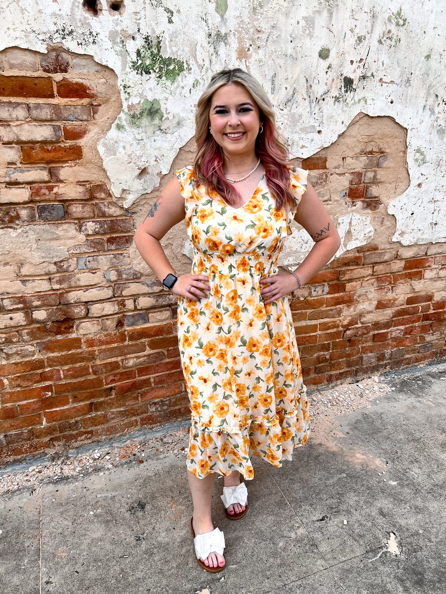 Josie Ruffled Sleeve Floral Print Woven Smocked Waist Midi Dress-Dress-She & Sky-09/03/24,1st md,DJR,OGP 49.99,SY6497-The Twisted Chandelier