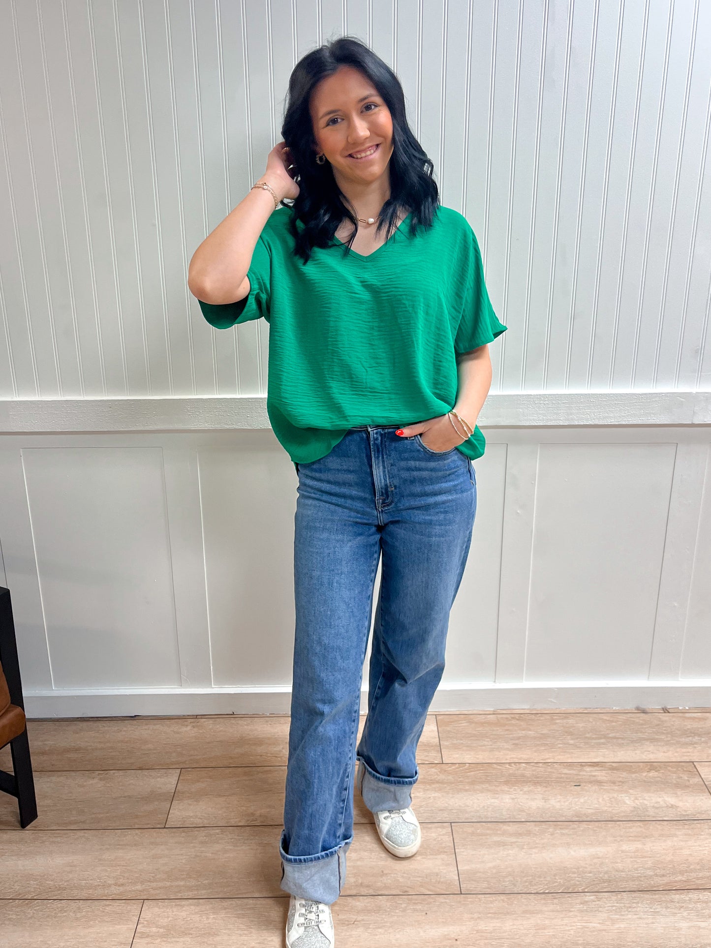 Brynn Woven Airflow V-Neck Short Sleeve Top - Kelly Green-ZENANA-FD 03/12/26,Tops Collection-The Twisted Chandelier