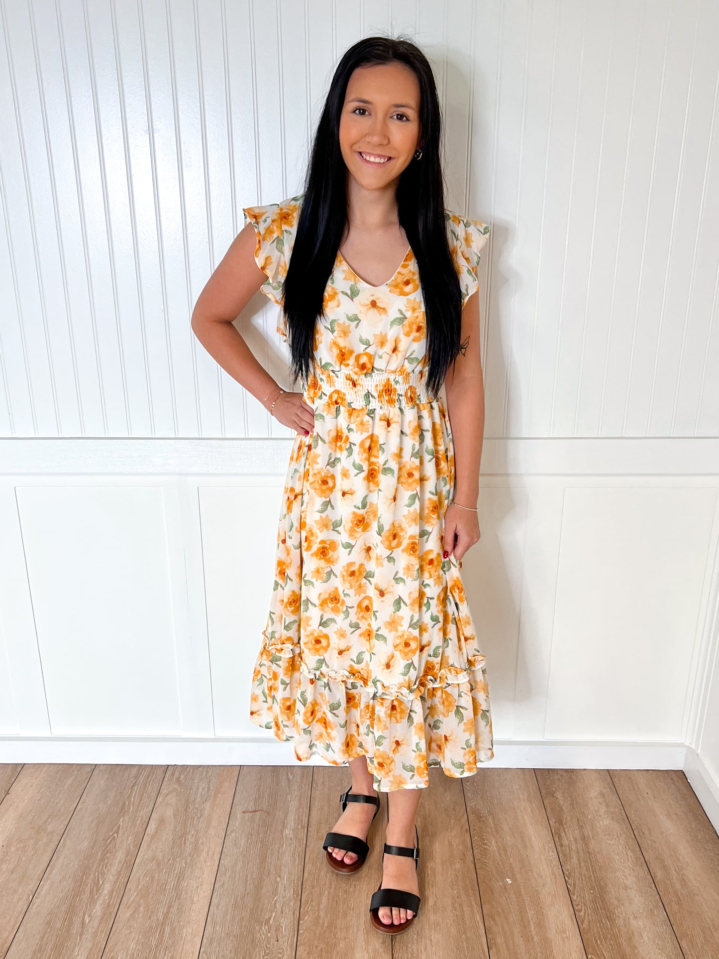 Josie Ruffled Sleeve Floral Print Woven Smocked Waist Midi Dress-Dress-She & Sky-09/03/24,1st md,DJR,OGP 49.99,SY6497-The Twisted Chandelier