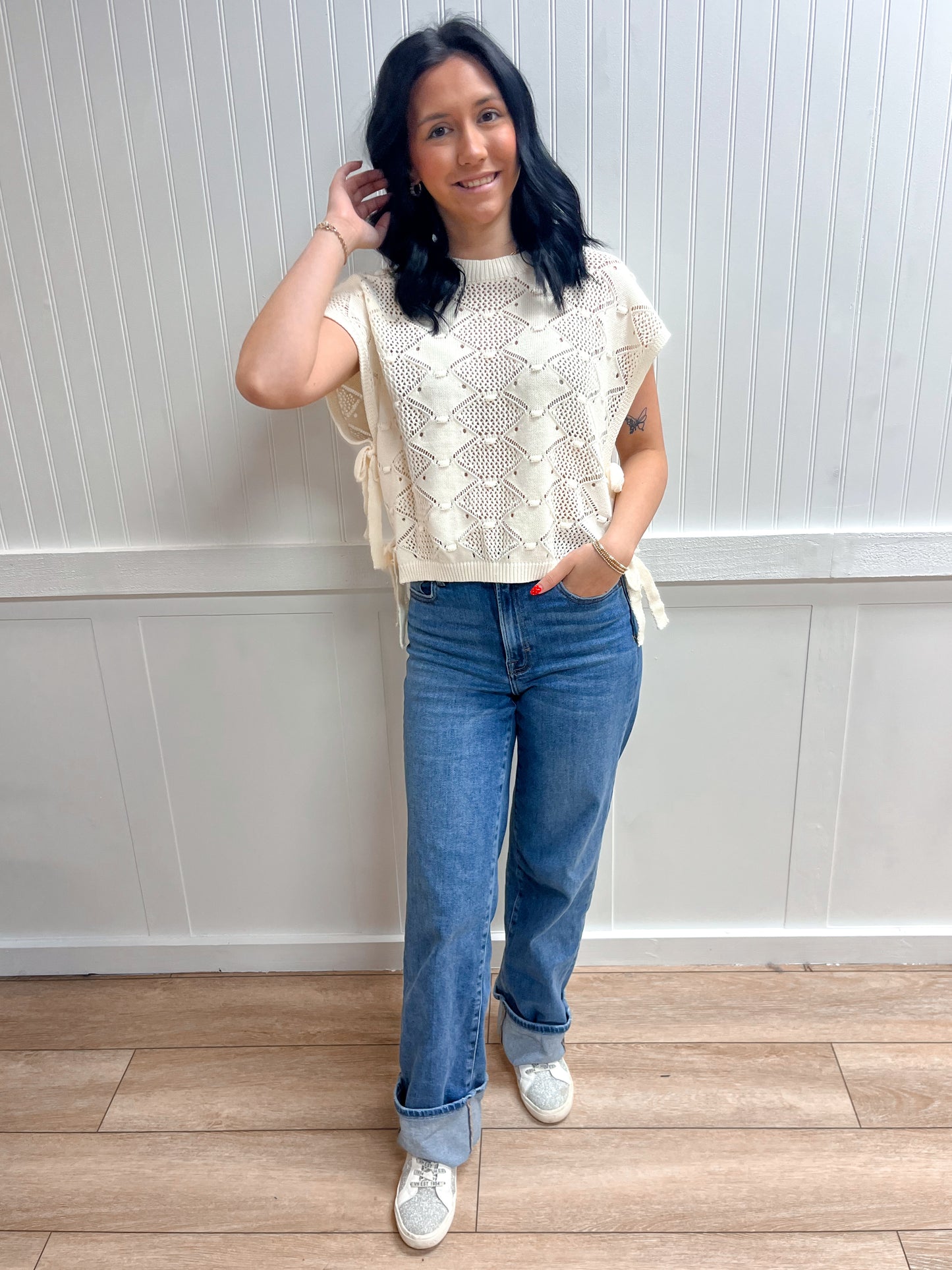 Zara Clip Dot Short Sleeve Side Tie Crochet Sweater-Blu Pepper-FD 03/12/26,Tops Collection-The Twisted Chandelier