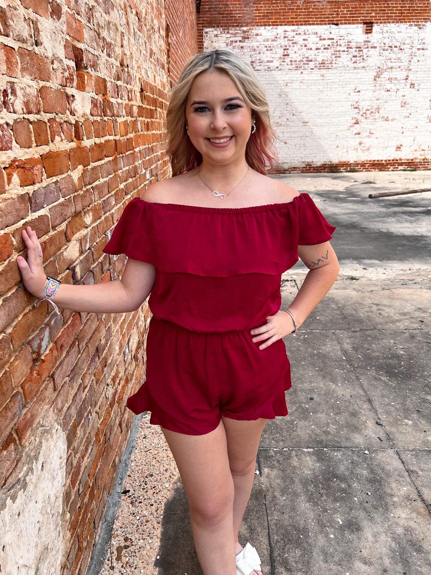 Mila Off The Shoulder Satin Romper-Romper-She & Sky-& Jumpsuits,08/18/24,1st md,Bin d2,DJR,Dresses,gameday,Max Retail,OGP 49.99,Rompers,SS8084-The Twisted Chandelier