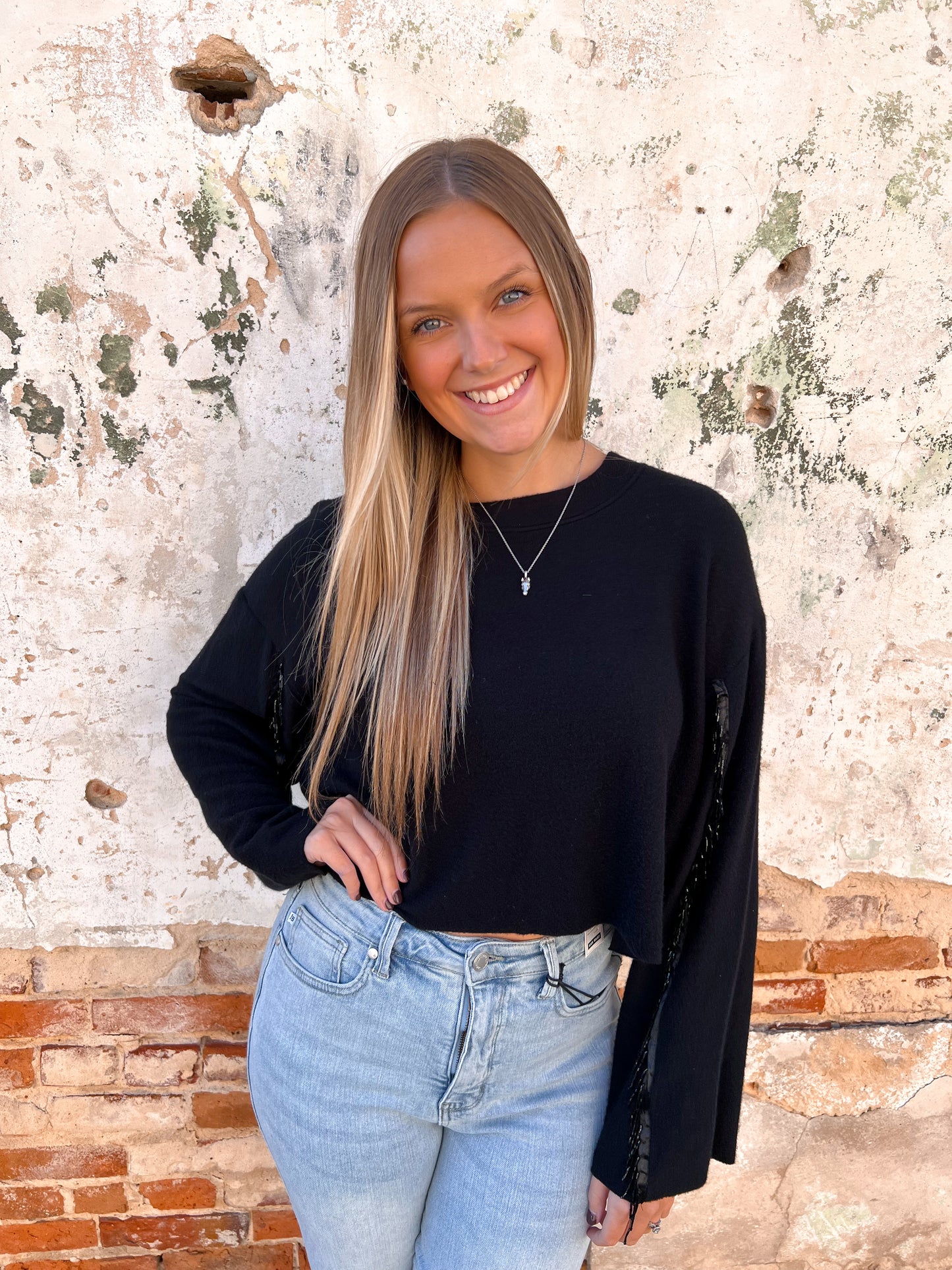 Valentina Black Sweater Rhinestone Fringed Sleeves-Sweater-Vocal-20005L,Max Retail,not on the floor only in totes,Winter Tote T1-The Twisted Chandelier