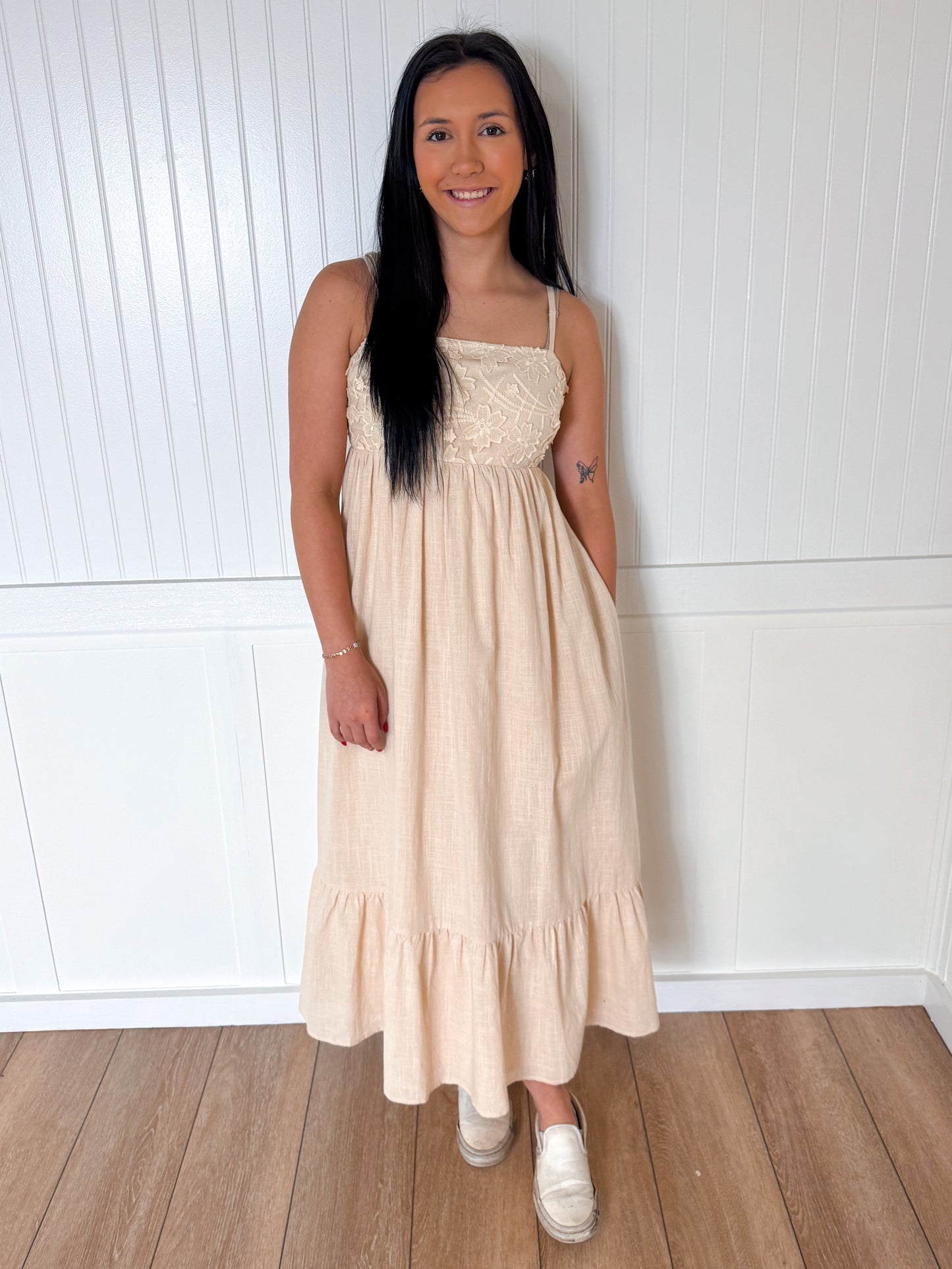 Marla Floral Embroidery Midi Dress With Back Ribbon-Midi Dress-idem ditto-10/04/25,Bin B3,DJR,FD 04/01/25,OGP 69.99-The Twisted Chandelier