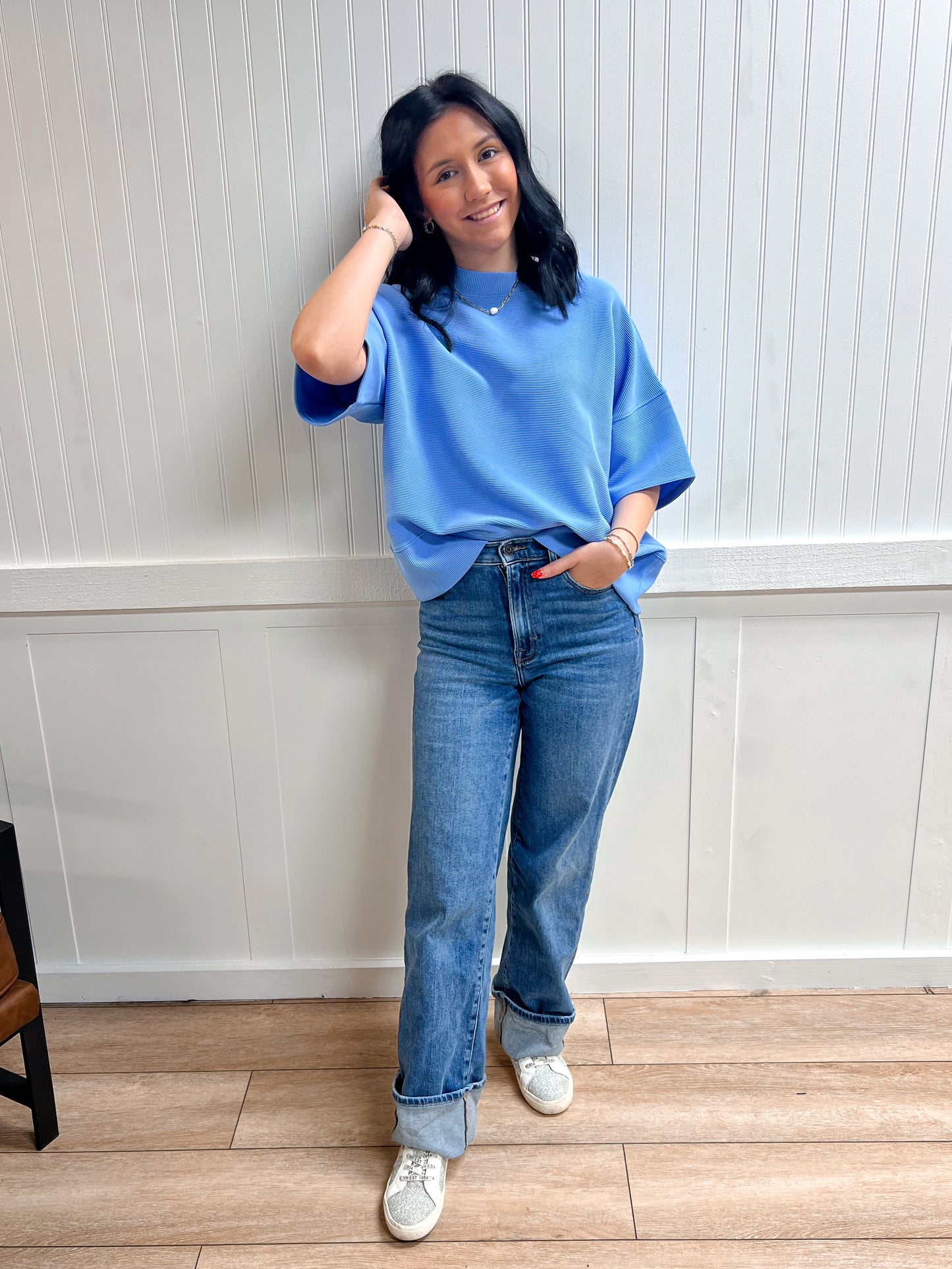 Kinsley Ribbed Round Neck Waist Banded Tee Shirts - Cornflower Blue-Zenana-FD 03/12/26,Tops Collection-The Twisted Chandelier
