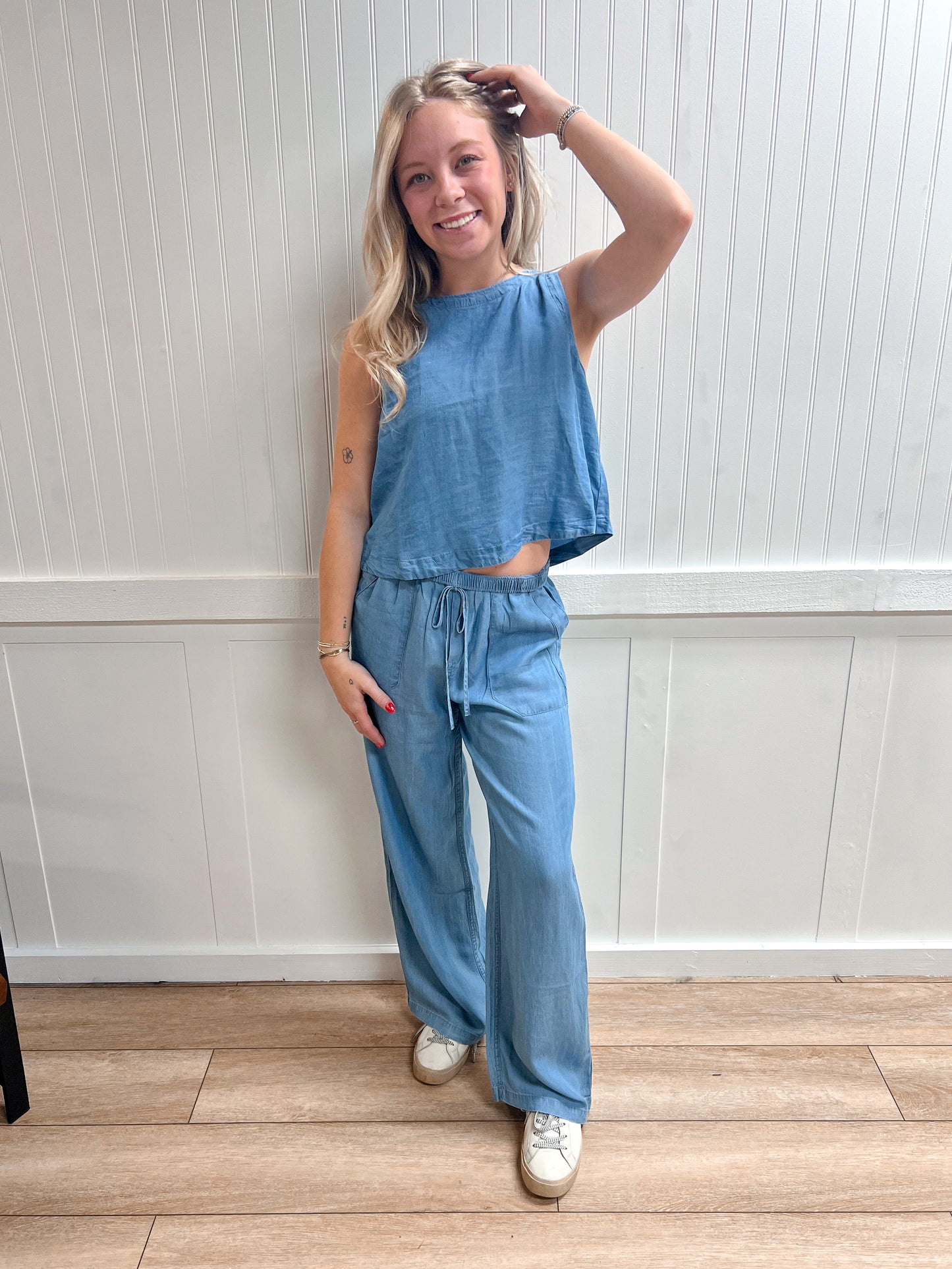 Hadley Back Button Sleeveless Chambray Top-Blu Pepper-CR2967,FD 03/12/26,Tops Collection-The Twisted Chandelier