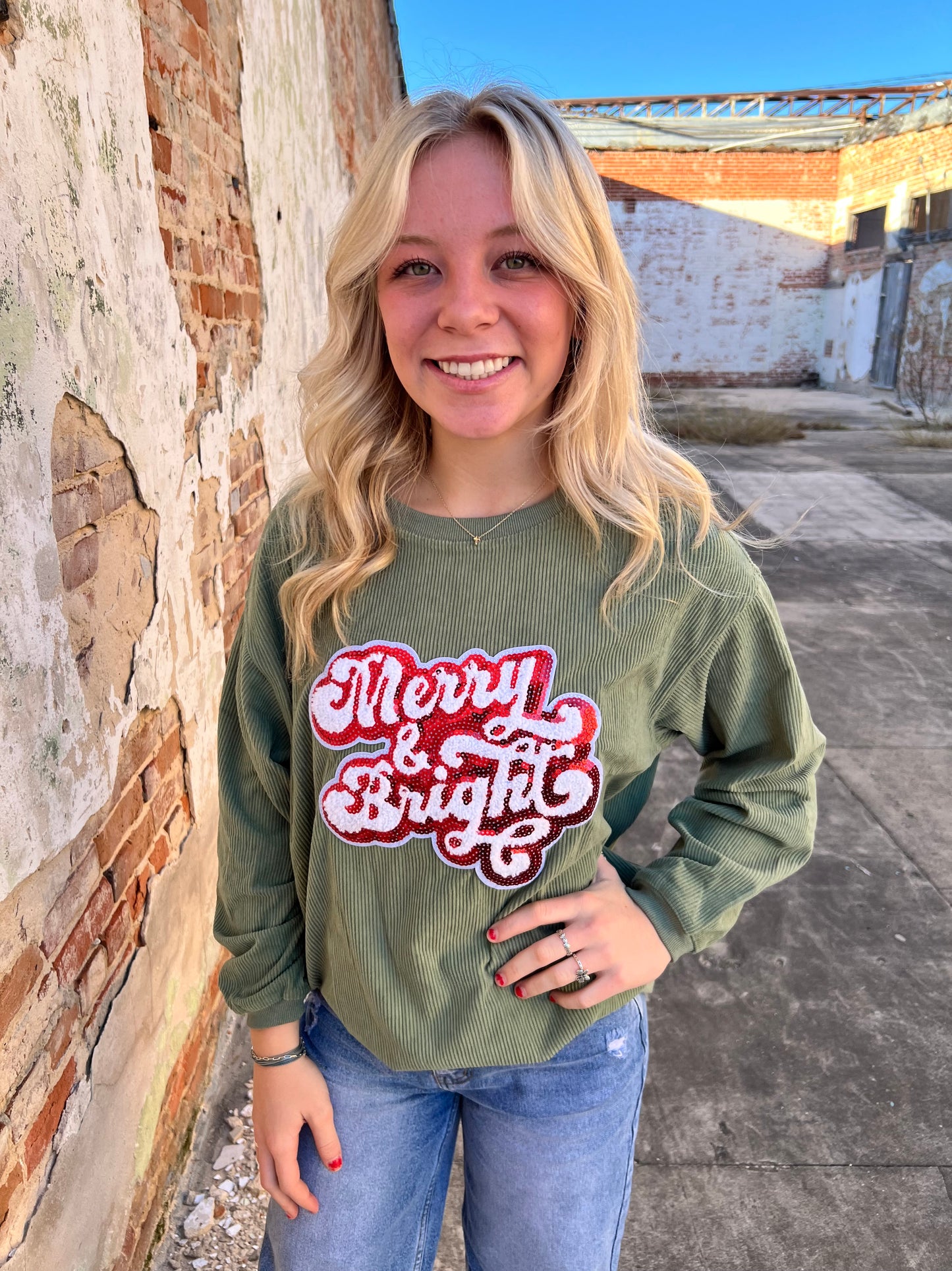 Christmas Merry & Bright Sequin Rib Sweatshirt-Sweatshirt-fashionworks-FD 12/03/24,Tops Collection,Winter Tote T5-The Twisted Chandelier