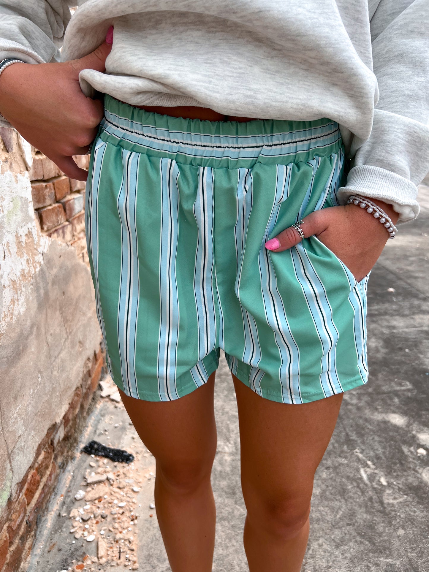 Stella Elastic Waist Boxer Shorts - Green & Blue Striped-Shorts-Rosa Clothing-11/17/24,1st md,Bin c1,bottom,FD 09/03/24,not on the floor only in the bins,OGP 34.99-The Twisted Chandelier