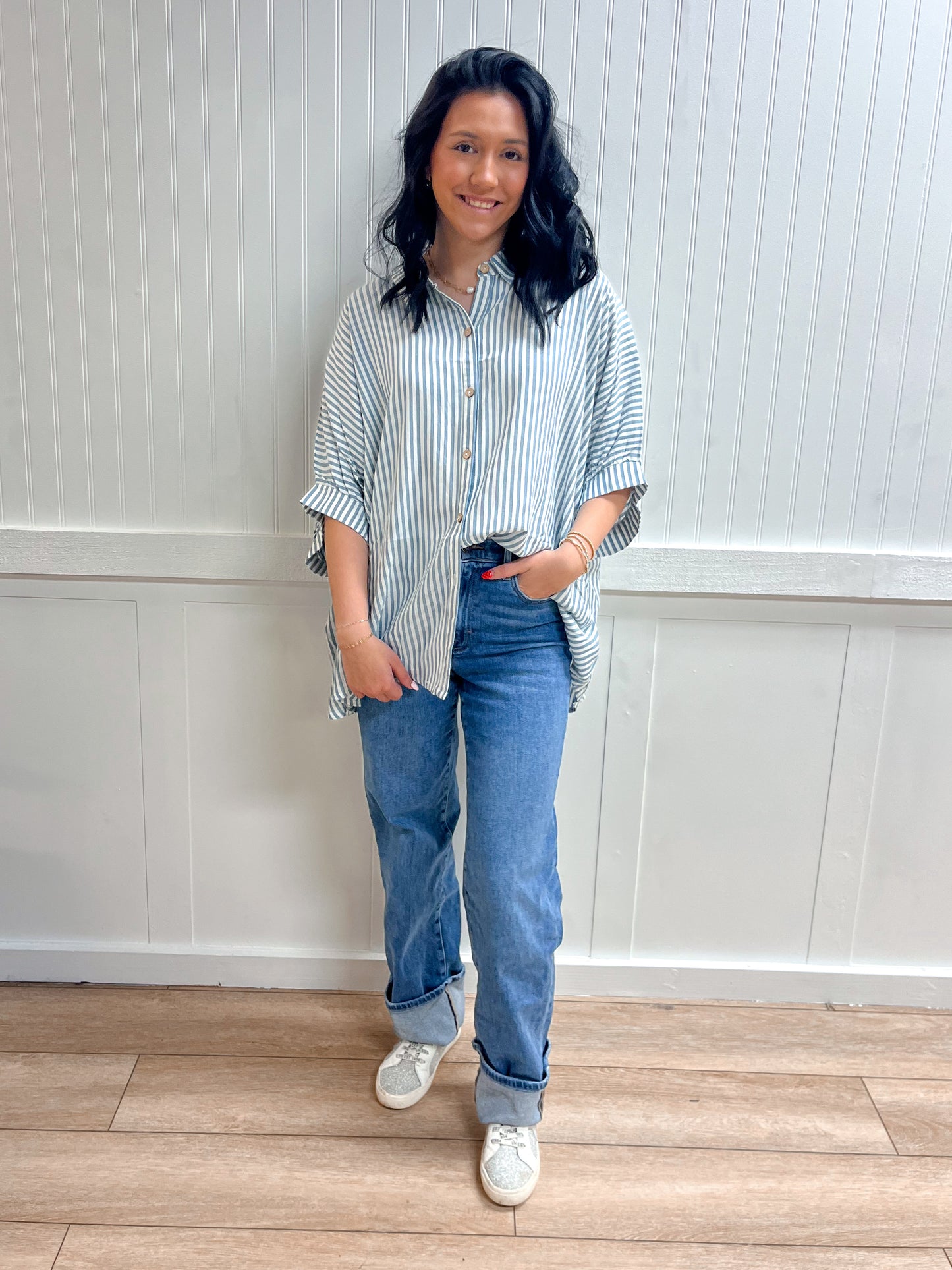 Marleigh Rayon Striped Short Sleeve Button Up Shirt-ZENANA-FD 03/12/26,Tops Collection-The Twisted Chandelier