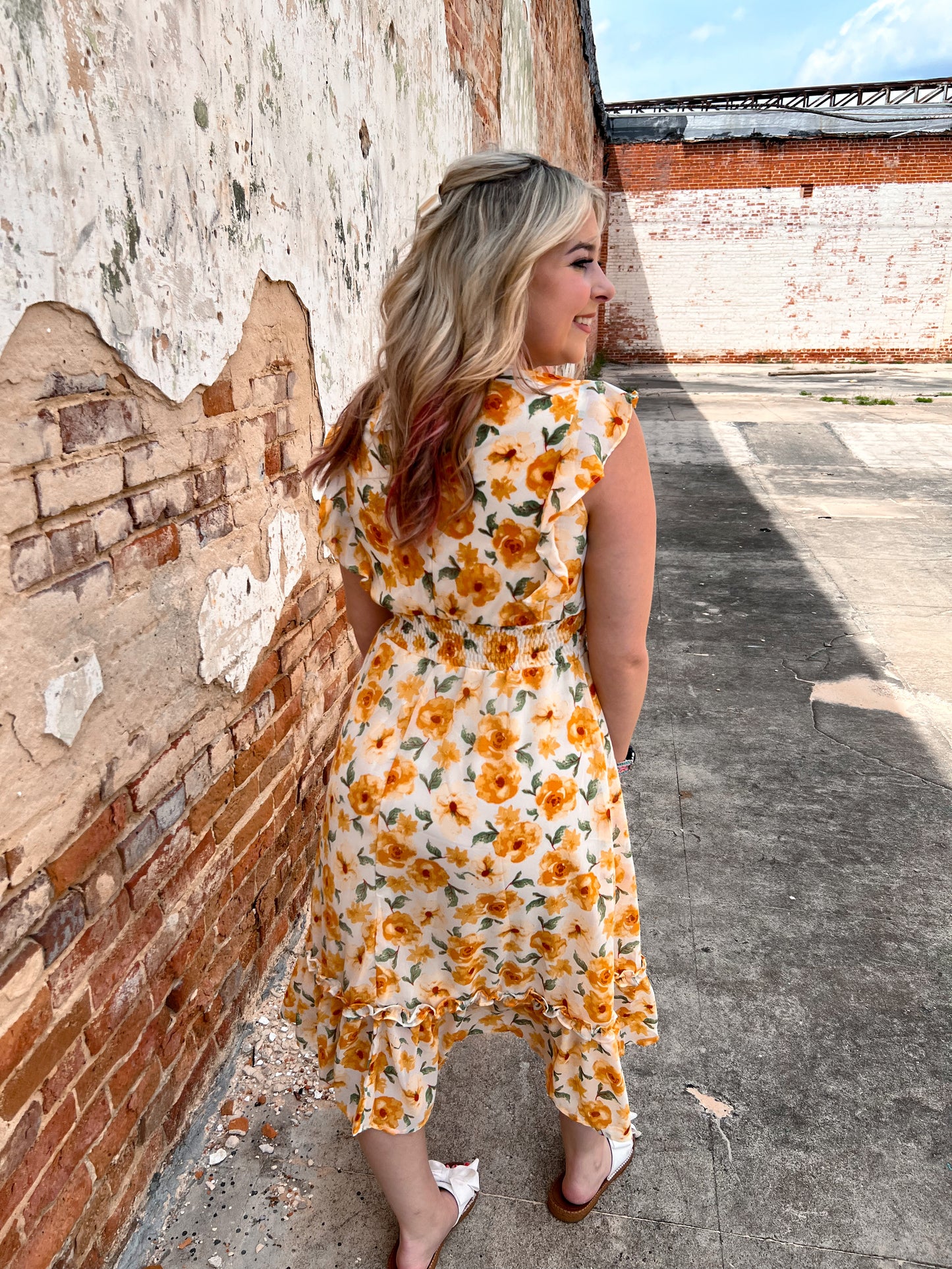Josie Ruffled Sleeve Floral Print Woven Smocked Waist Midi Dress-Dress-She & Sky-09/03/24,1st md,DJR,OGP 49.99,SY6497-The Twisted Chandelier