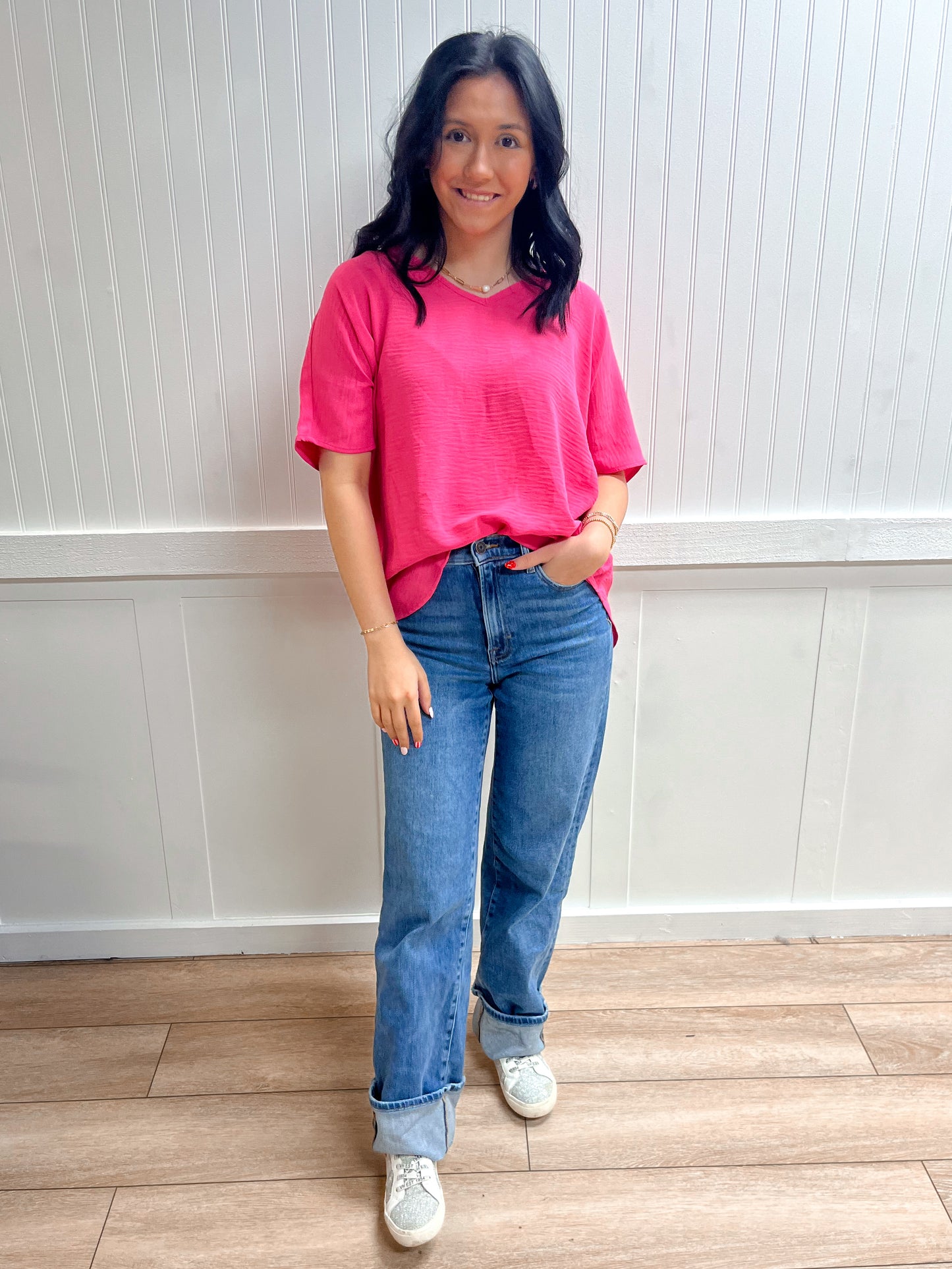 Brynn Woven Airflow V-Neck Short Sleeve Top - Fuchsia-ZENANA-FD 03/12/26,Tops Collection-The Twisted Chandelier