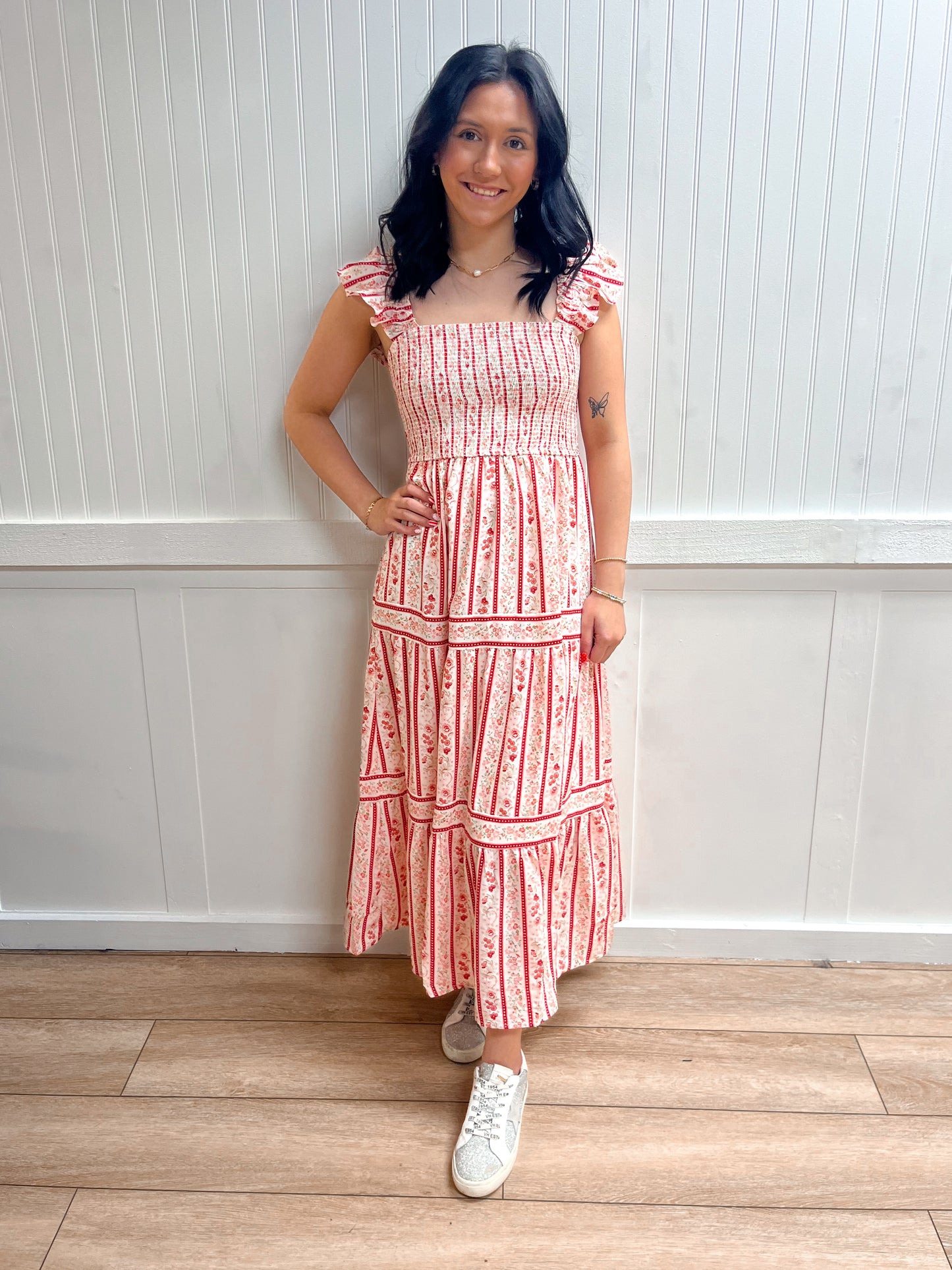 Gia Stripe Floral Pattern Smocked Tiered Midi Dress-Blu Pepper-DJR,FD 03/12/26-The Twisted Chandelier