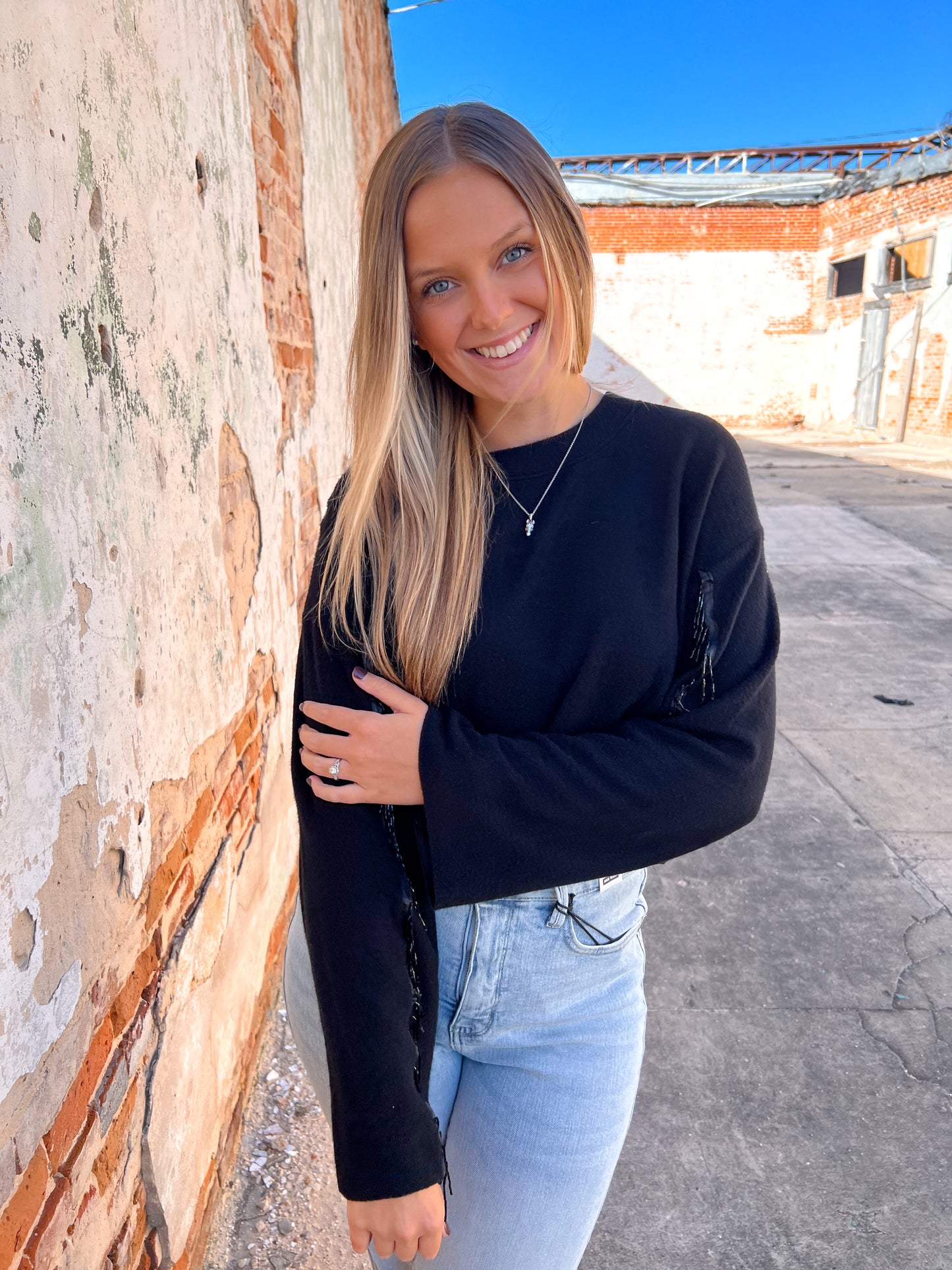 Valentina Black Sweater Rhinestone Fringed Sleeves-Sweater-Vocal-20005L,Max Retail,not on the floor only in totes,Winter Tote T1-The Twisted Chandelier