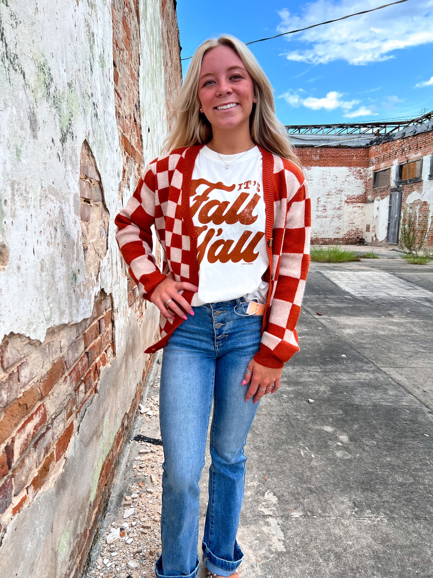 The Ophelia Orange Checkered Cardigan-Cardigan-Southern Grace Wholesale-5390,Max Retail-The Twisted Chandelier