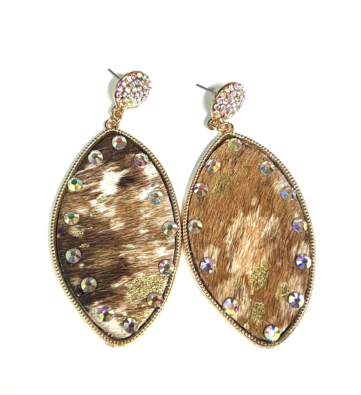Gold & Brown Cowhide Oval Crystal Earrings-Earrings-Southern Grace Wholesale-The Twisted Chandelier