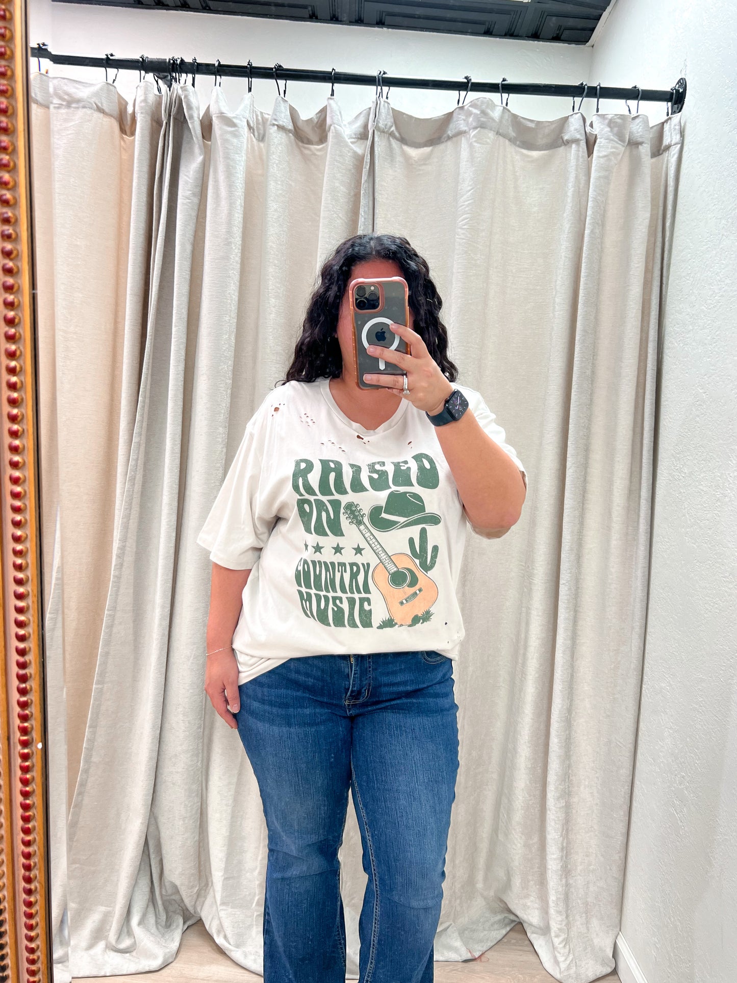 Raised on Country Music Distressed Rocker Tee - Plus-Rocker Tee-Zutter-04/21/25,05/25/24,1st md,88525-1992,FAVES,Max Retail,SH13535,Tops Collection,western & concert-The Twisted Chandelier