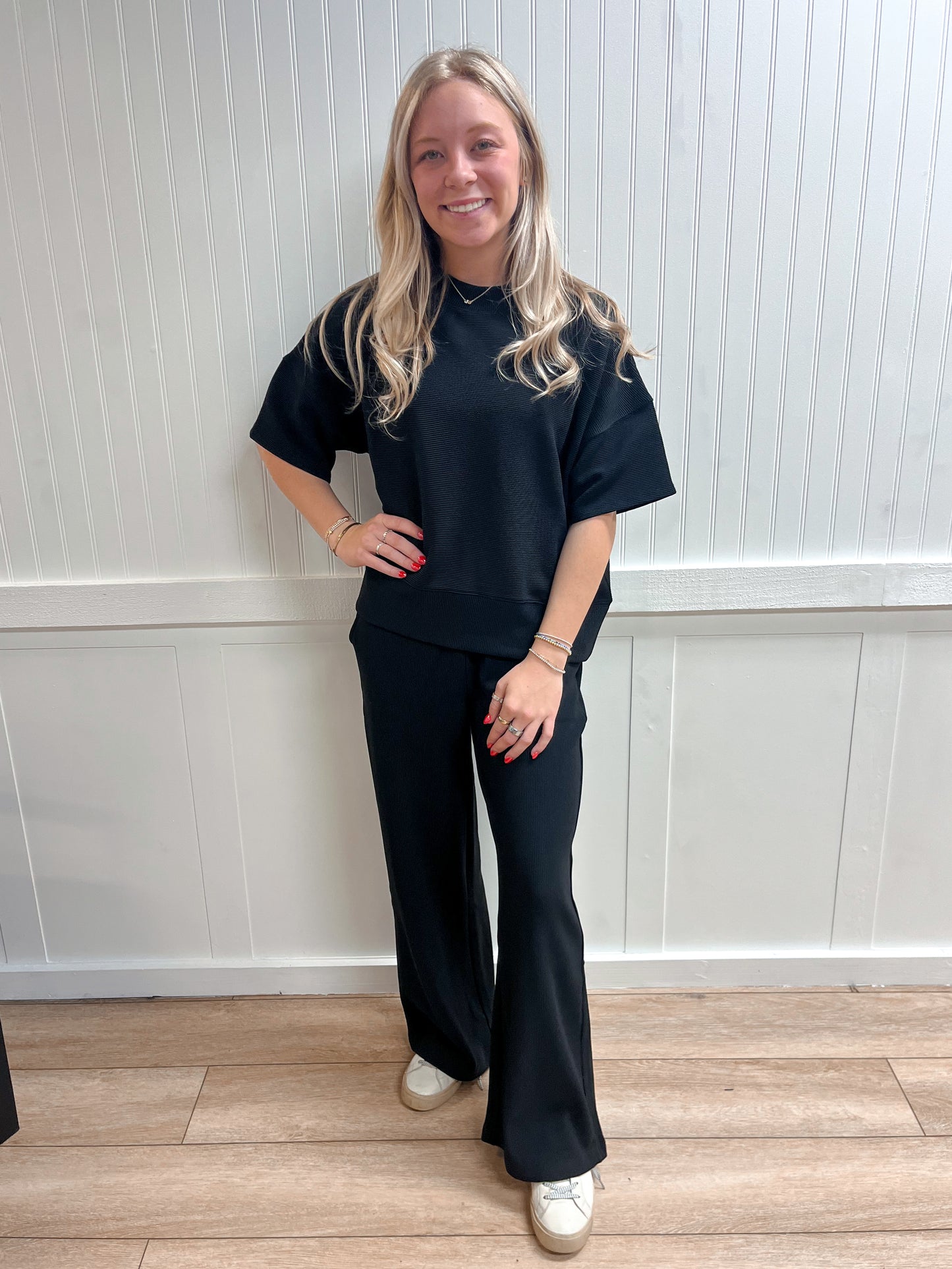 Jovie Ribbed Round Neck Tee & Pants Set – Soft Knit Two-Piece Lounge Outfit - Black-Outfit Sets-Zenana-FD 03/12/26-The Twisted Chandelier