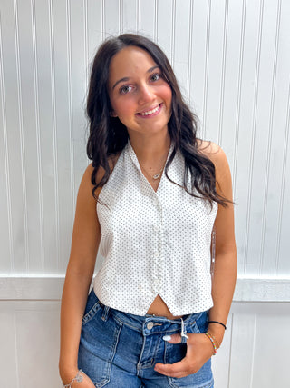 Margot Halter V-Neck Polka Dot Print Vest Top-Shirts & Tops-Active Basic | Active USA-FD 04/30/26,RWB,Tops Collection-The Twisted Chandelier