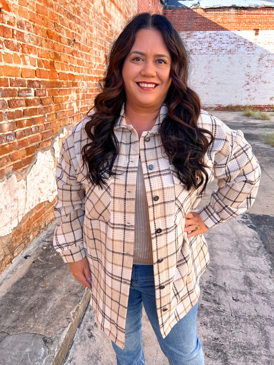 Layla Taupe Long Sleeve Shacket - Plus-Jacket-She & Sky-Bin B4,FD 10/15/24-The Twisted Chandelier