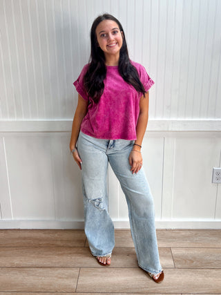 Kendall Washed Cotton Cuffed Short Sleeve Top - Magenta-Top-ZENANA-Fd 8/3/26,Tops Collection-The Twisted Chandelier
