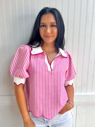 Caroline Gingham Short Puff Sleeve Top-Top-Entro-FD 06/17/26,Tops Collection-The Twisted Chandelier