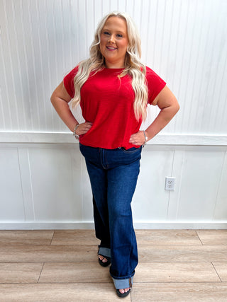 Addie Slub Cuffed Sleeve Tee - Plus - Ruby-Top-ZENANA-FD 08/05/26,gameday,Tops Collection-The Twisted Chandelier