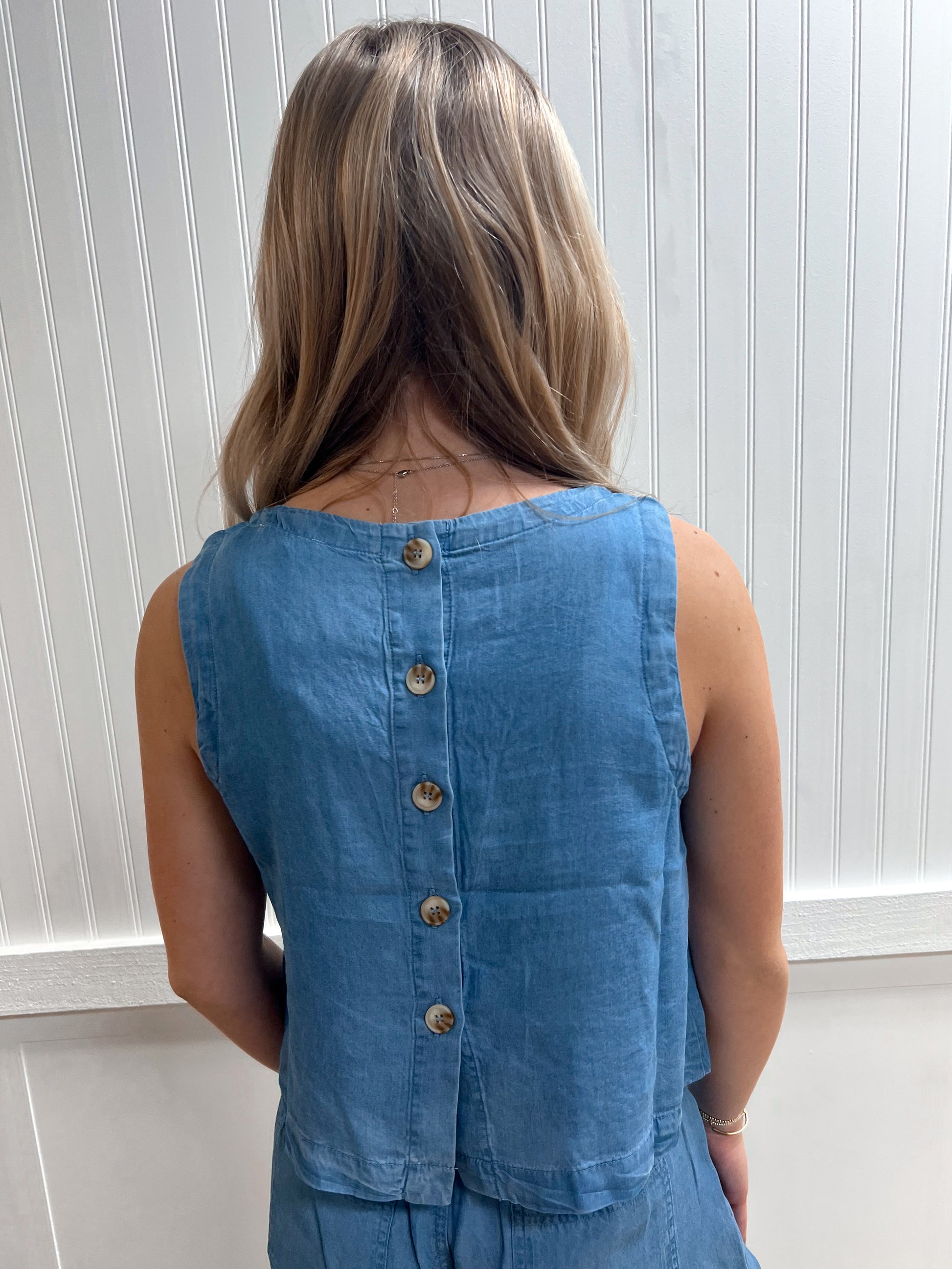 Hadley Back Button Sleeveless Chambray Top-Blu Pepper-CR2967,FD 03/12/26,Tops Collection-The Twisted Chandelier