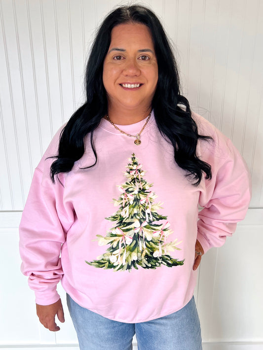 Pink Bow Christmas Tree Sweatshirt-Sweatshirt-Spirit+Tribe-BIN A 3,Christmas tote ct1,FD 12/03/24,Tops Collection-The Twisted Chandelier