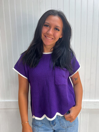 Peyton Drop Shoulder Short Sleeve Scallop Hem Sweater Top-Top-Vanilla Monkey-Fd 8/3/26,gameday,Tops Collection-The Twisted Chandelier