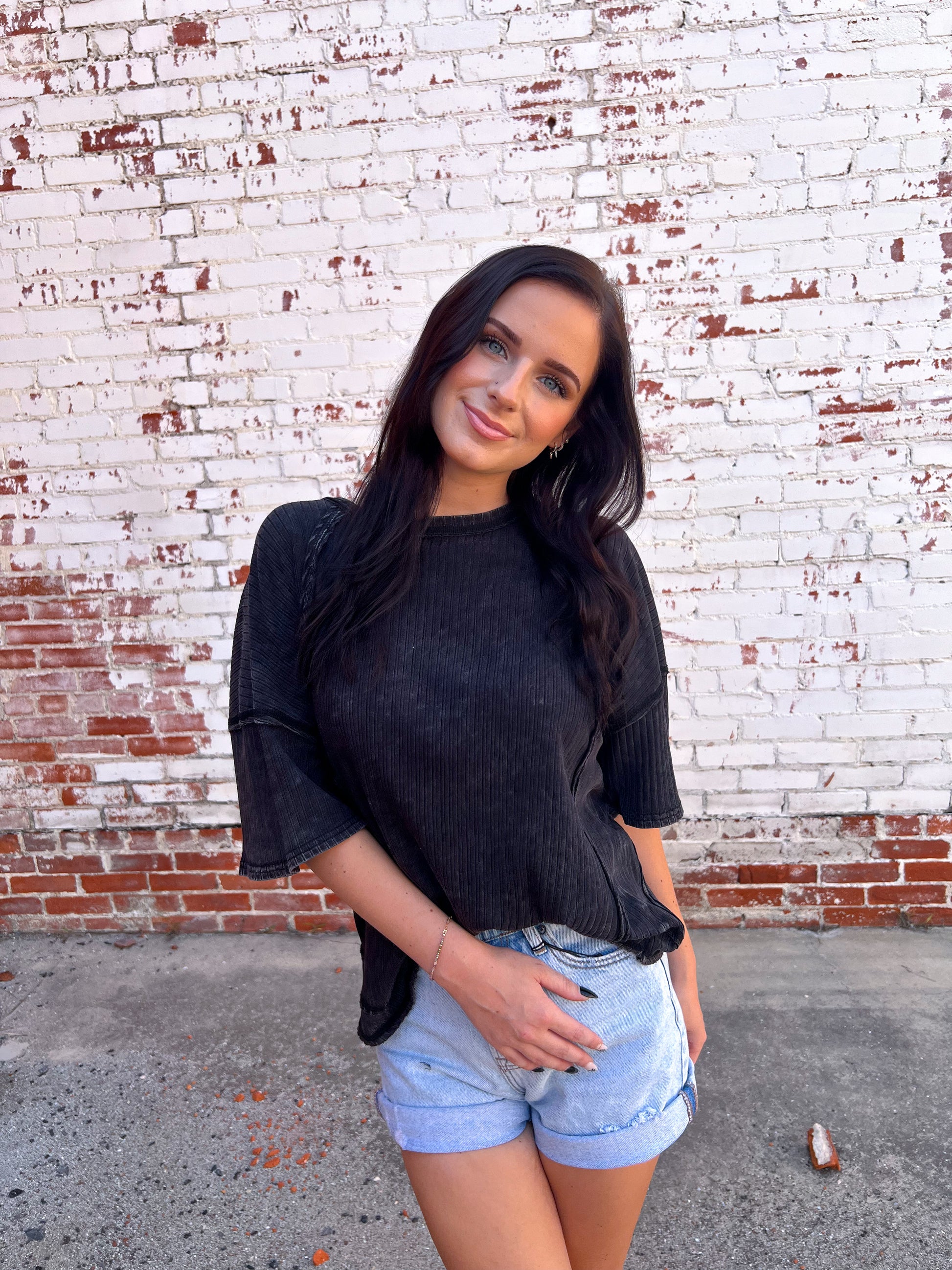 Cassie Mineral Washed Oversized Ribbed Knit Casual Top - Black-VERY J-Bin d2,FD 6/24/25,Tops Collection-The Twisted Chandelier
