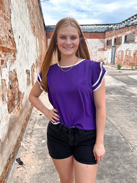 Maria Ruffle Sleeve Contrast Piping Top - Purple-Apparel & Accessories-She & Sky-06/24/25,10/11/24,12/26/24,1st md,gameday,Max Retail,OGP 39.99,SY6057,Tops Collection-The Twisted Chandelier