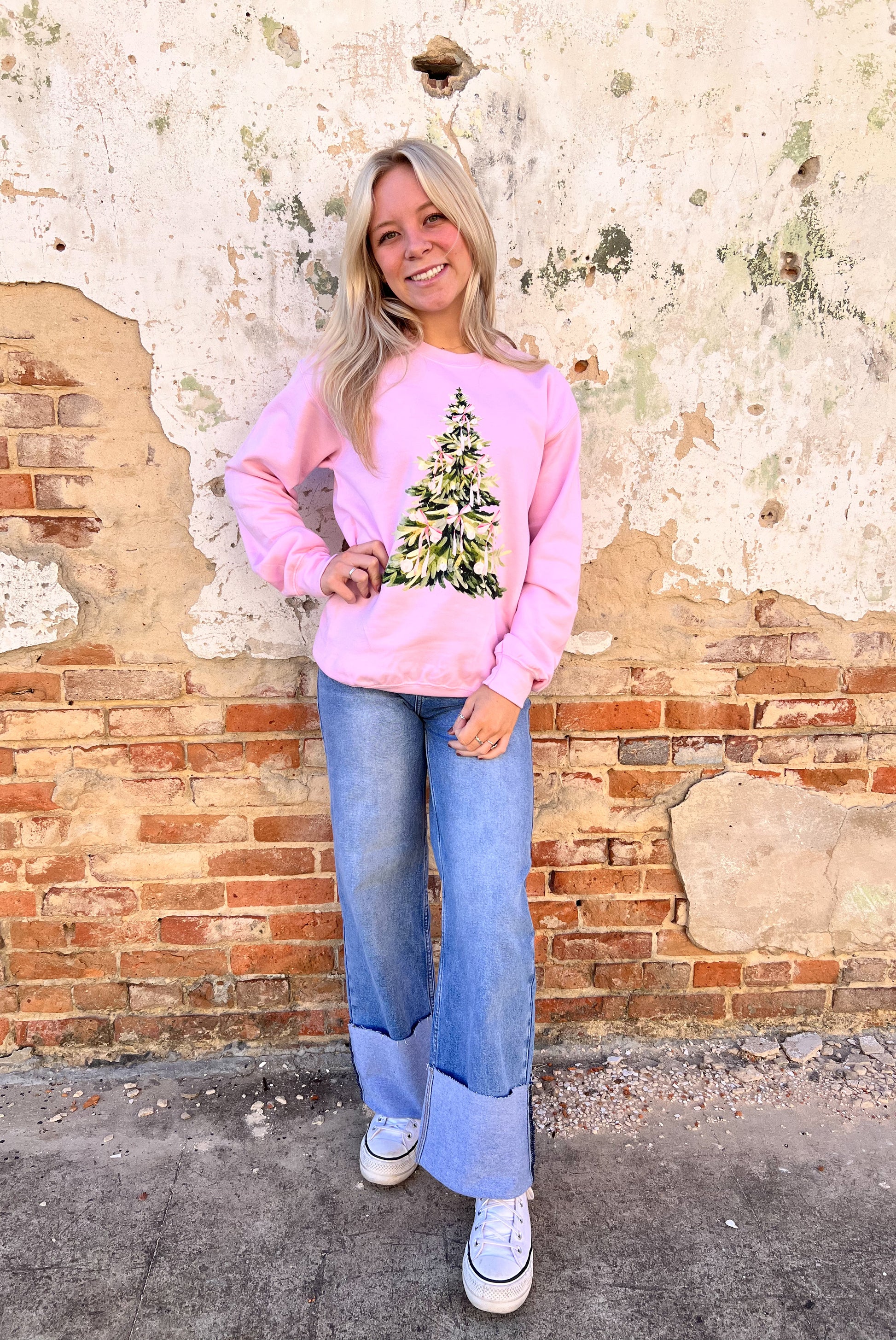 Pink Bow Christmas Tree Sweatshirt-Sweatshirt-Spirit+Tribe-Christmas tote ct1,FD 12/03/24,Tops Collection-The Twisted Chandelier