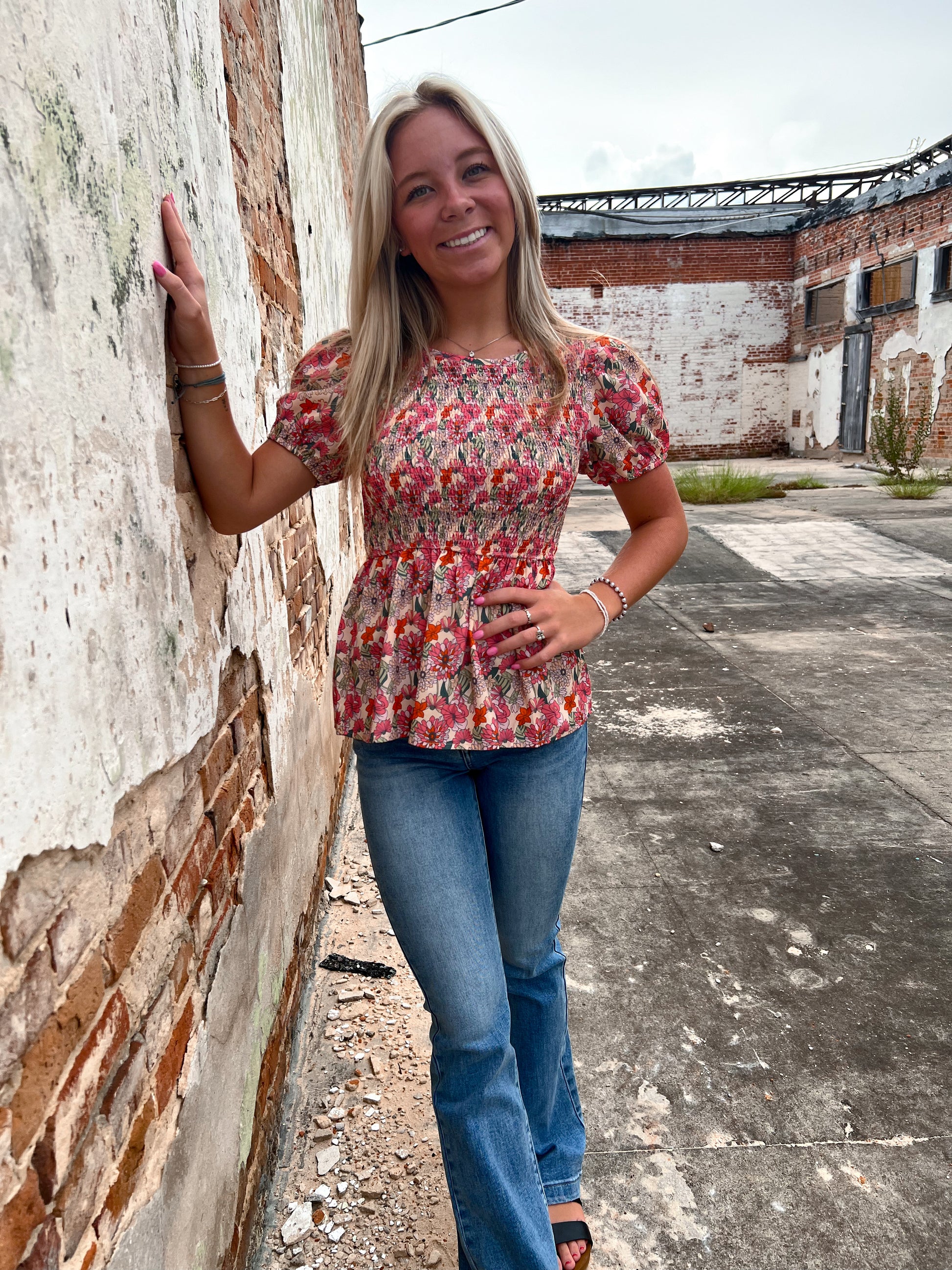 Floral Smocked Blouse-top-Southern Grace Wholesale-12/26/24,1st md,7896B,Bin D1,Max Retail,Tops Collection-The Twisted Chandelier