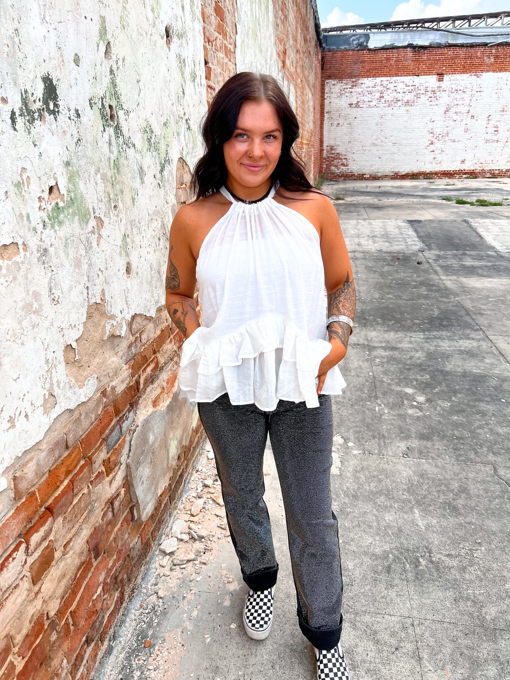 Mikayla Halter Ruffle Sleevless Blouse Top-Top-mazik-04/25,05/27/24,1st md,Bin D1,Max Retail,not on the floor only in the bins,Tops Collection-The Twisted Chandelier