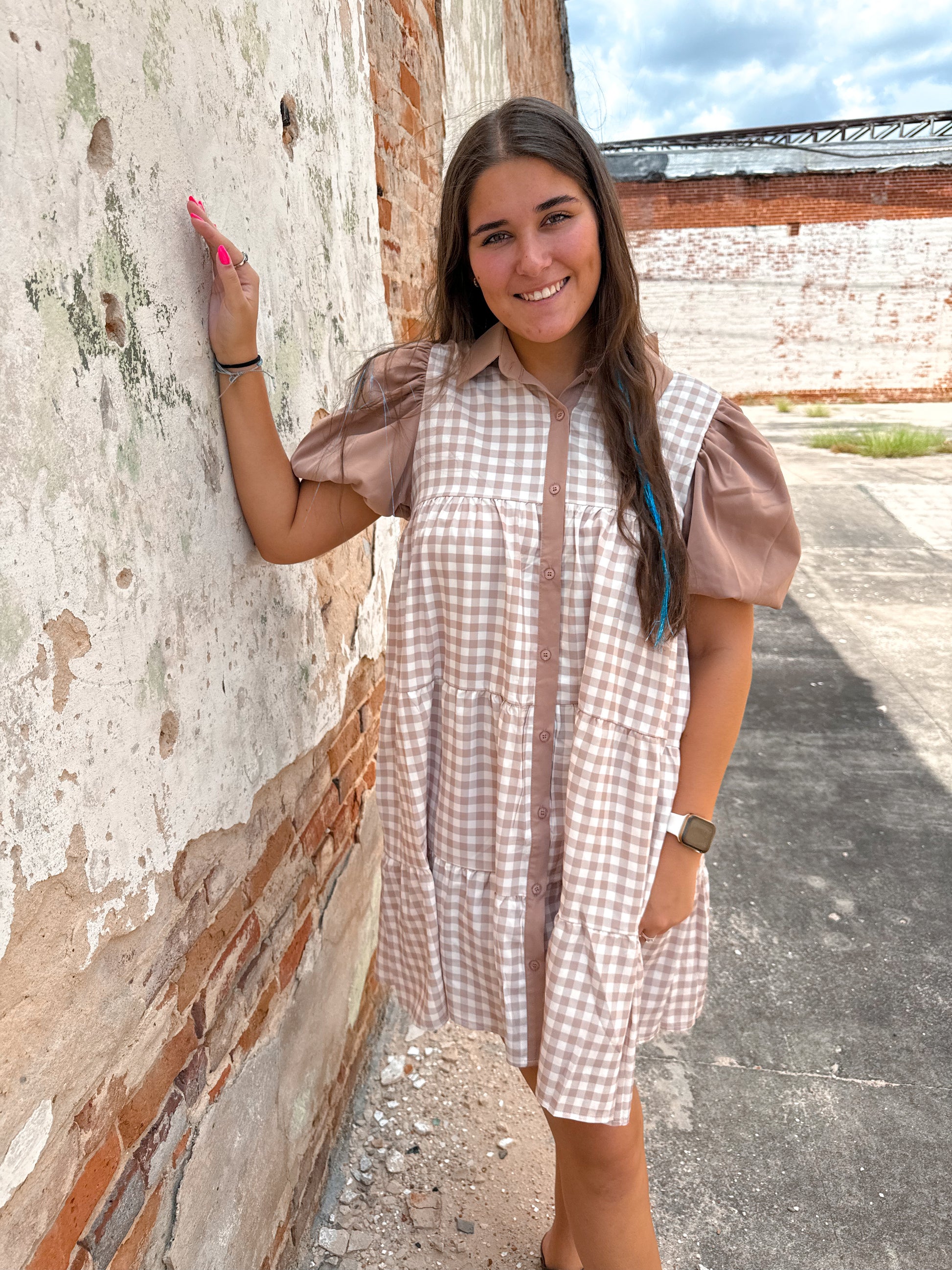 Brown Gingham Button Down Dress-Dress-Southern Grace Wholesale-06/24/25,1st md,7899B,DJR-The Twisted Chandelier