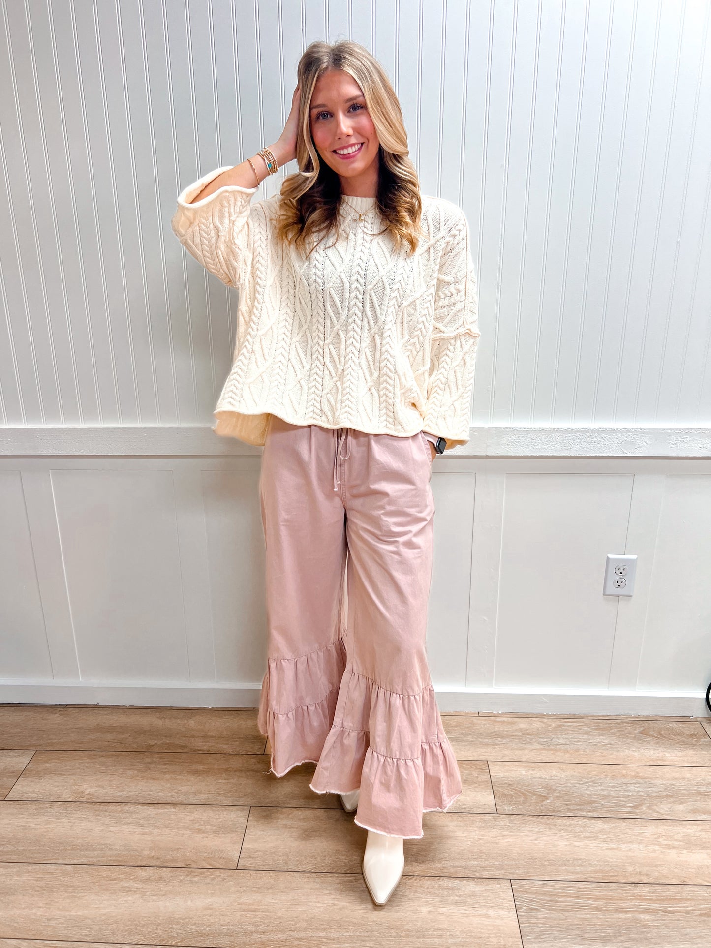 Willow Stone Washed Woven Tiered Ruffle Wide Leg Pants-Sewn and Seen-bottoms,FD 02/09/26-The Twisted Chandelier