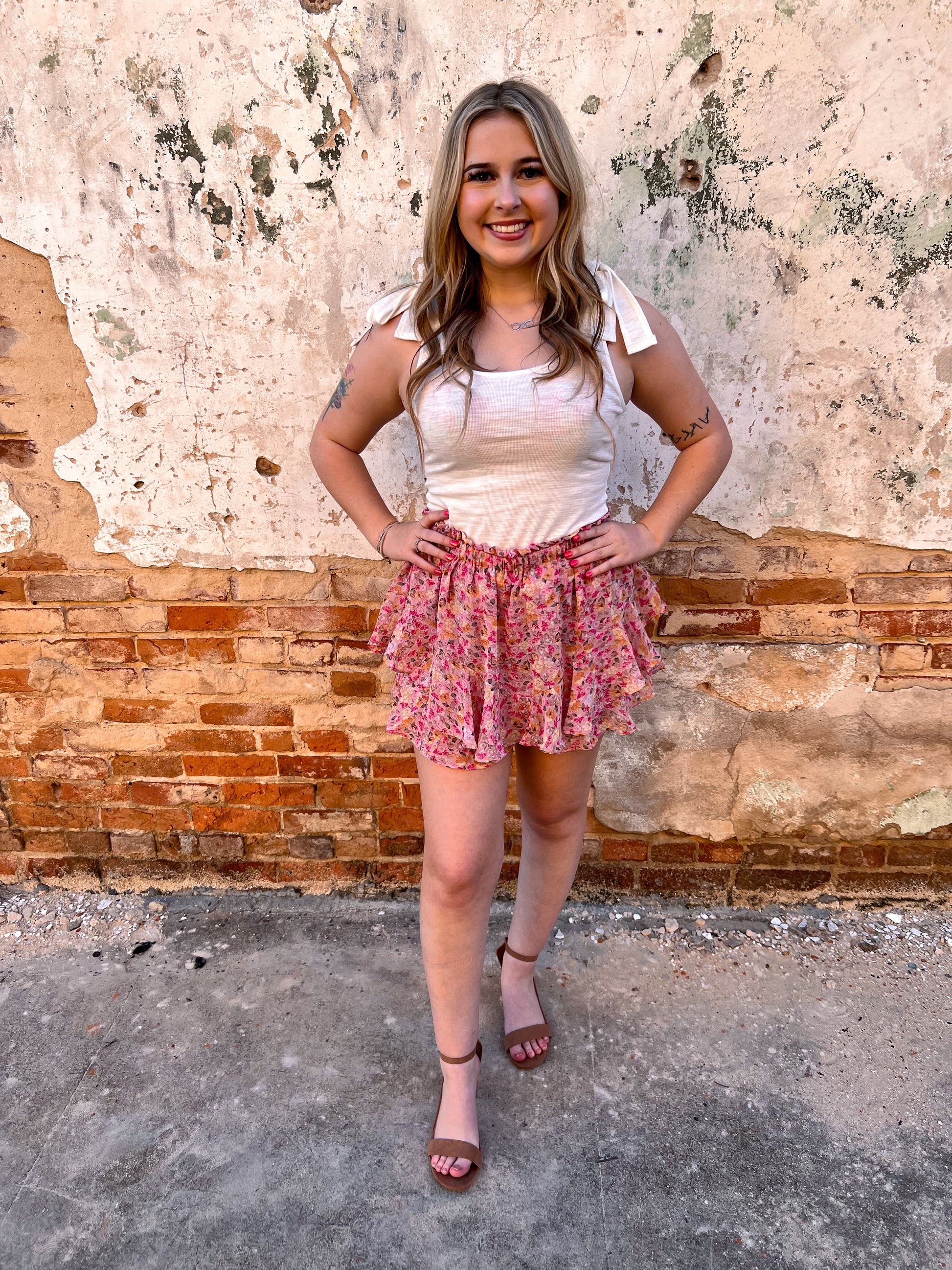 Aurelia Floral Printed Chiffon Skort with Elastic Waist-Skorts-Kori America-06/19/24,1st md,bottoms,Created - 01/15/24,FD JAN 24,Max Retail-The Twisted Chandelier