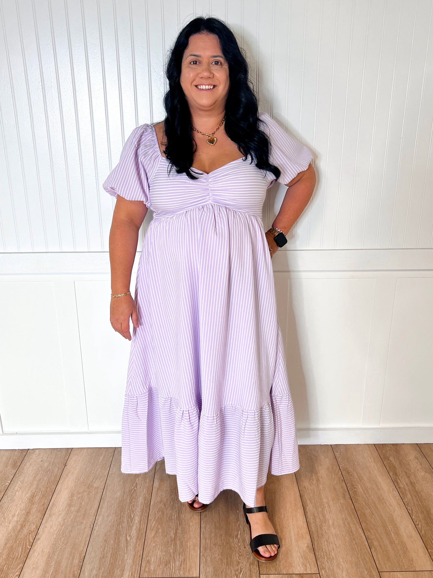 Emily Sweetheart Neck Striped Midi Dress With Smocked Back - Lavender-Dresses-in february-05/14/25,1st md,BIN D3,DJR,dress,FD 03/18/25,OGP 69.99-The Twisted Chandelier