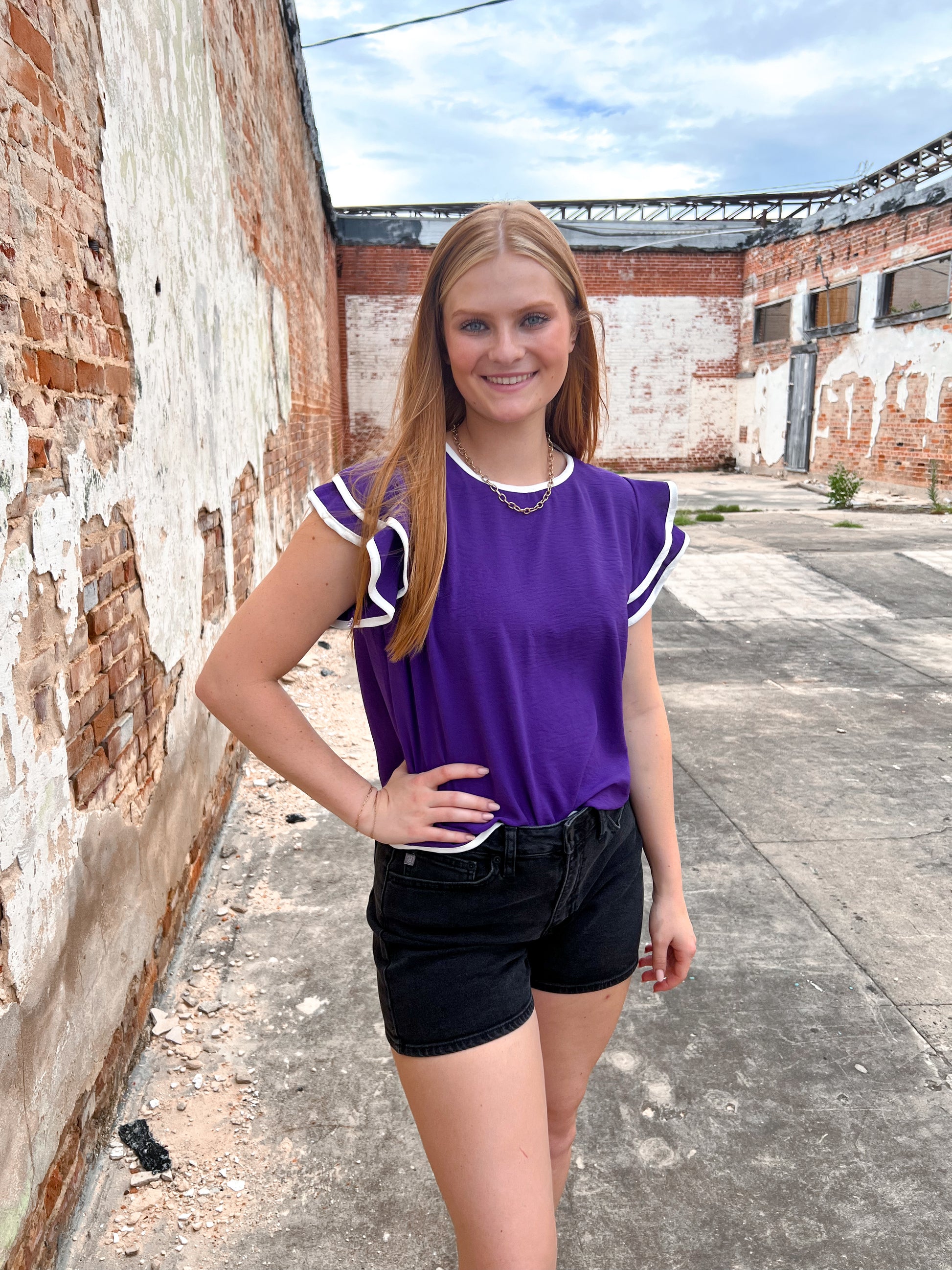 Maria Ruffle Sleeve Contrast Piping Top - Purple-Apparel & Accessories-She & Sky-06/24/25,10/11/24,12/26/24,1st md,gameday,Max Retail,OGP 39.99,SY6057,Tops Collection-The Twisted Chandelier