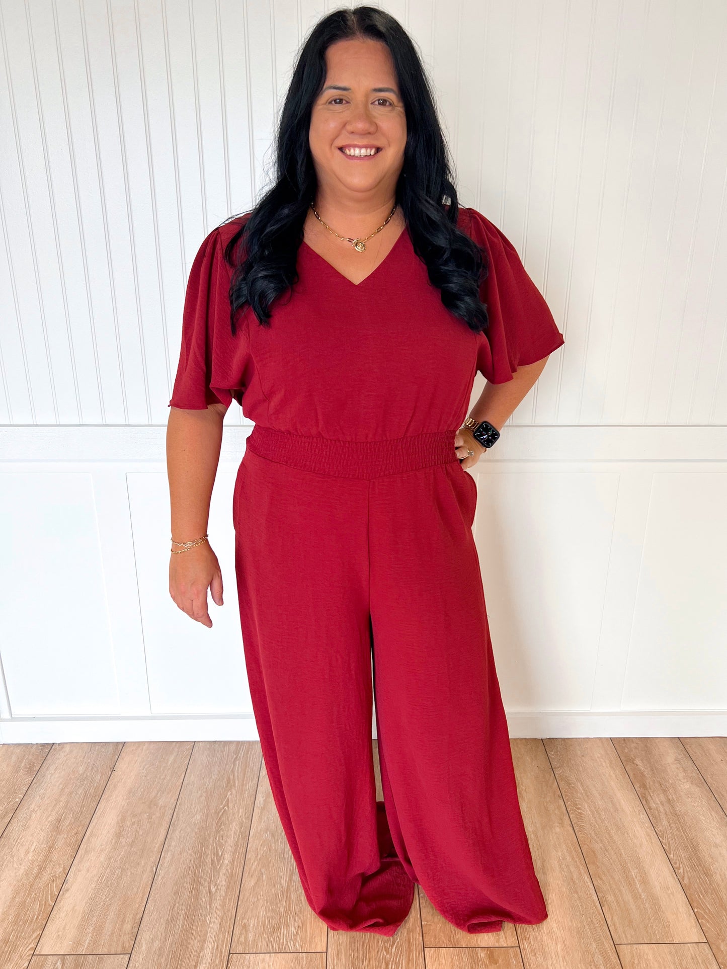 Xena Flounce Sleeve Waist Smock Wide Leg Jumpsuit with Pockets-Jumpsuits & Rompers-She & Sky-1st md,Bin B3,CR 08/05/24,DJR,gameday,OGP 64.99-The Twisted Chandelier