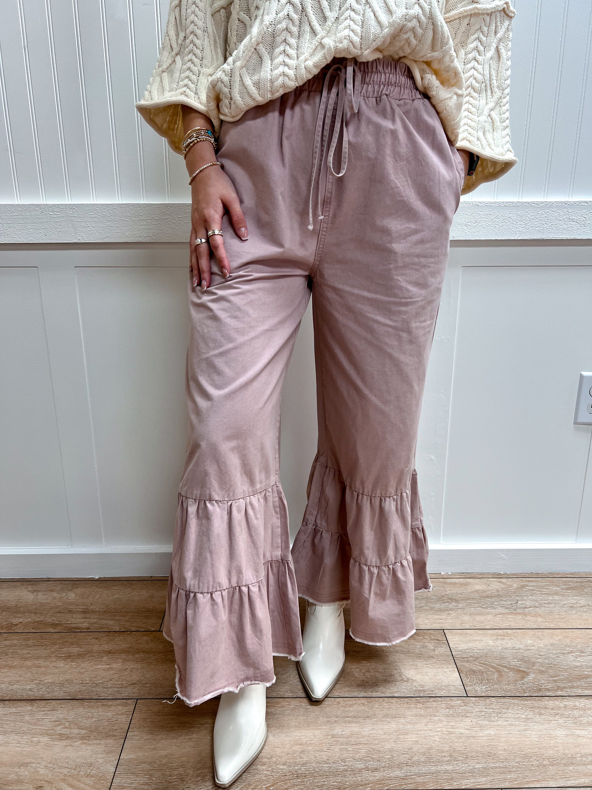 Willow Stone Washed Woven Tiered Ruffle Wide Leg Pants-Sewn and Seen-bottoms,FD 02/09/26-The Twisted Chandelier