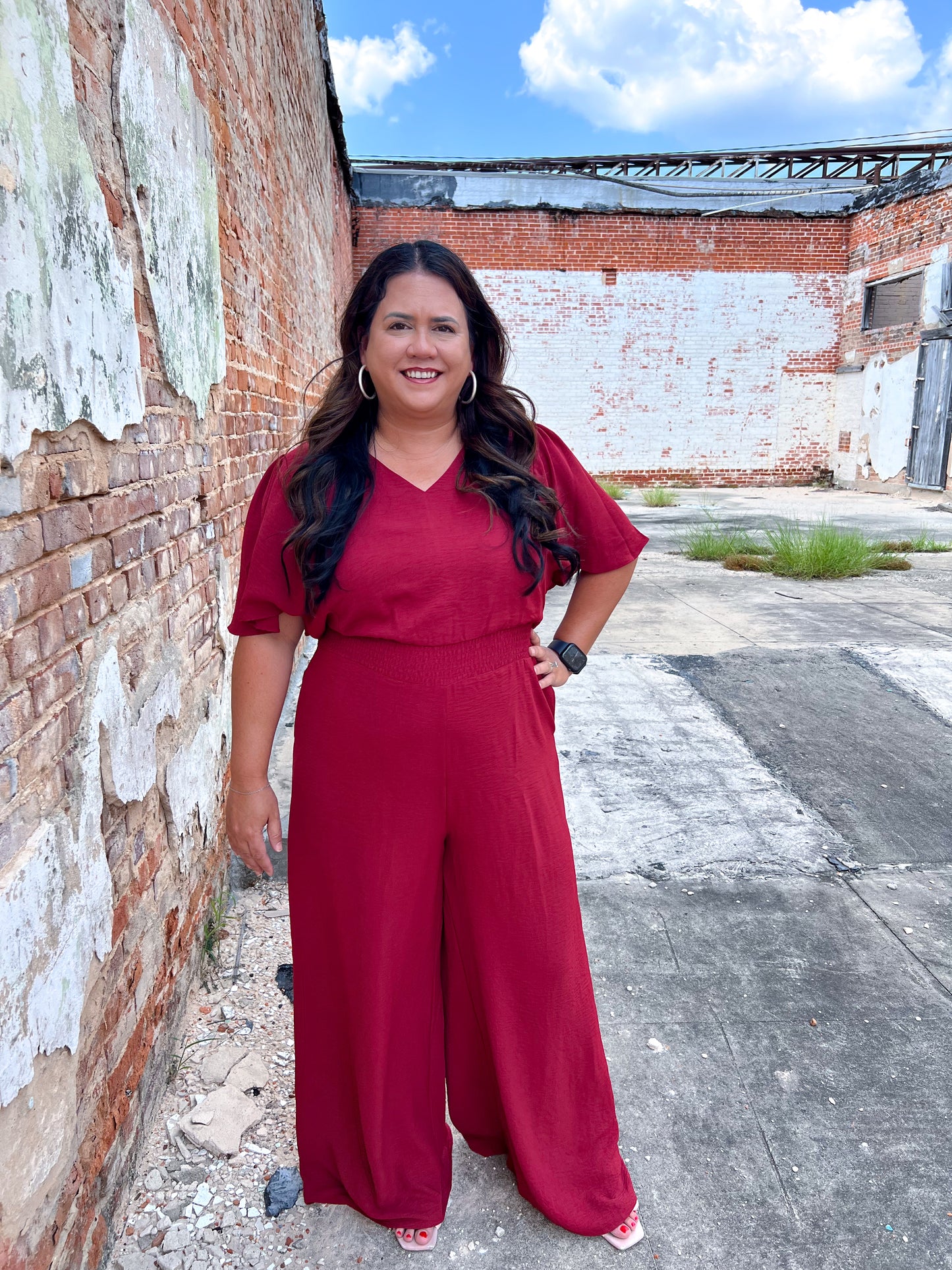 Xena Flounce Sleeve Waist Smock Wide Leg Jumpsuit with Pockets-Jumpsuits & Rompers-She & Sky-1st md,Bin B1,CR 08/05/24,DJR,gameday,OGP 64.99-The Twisted Chandelier