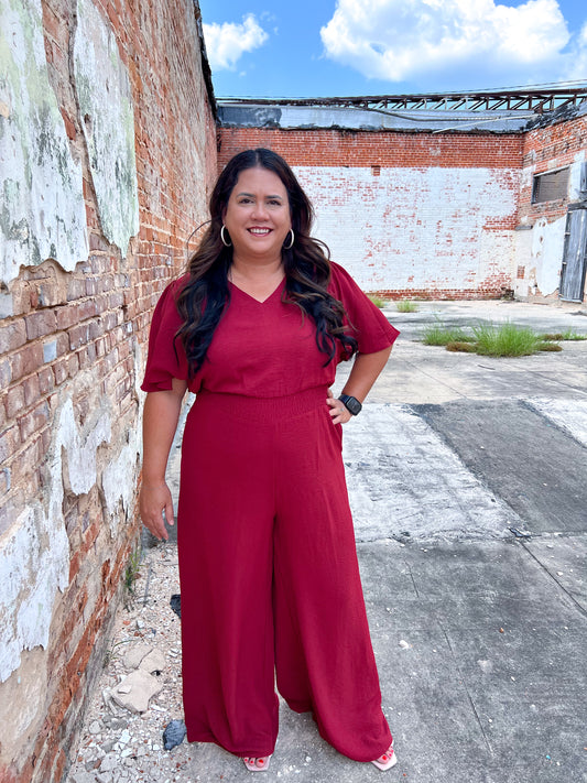 Xena Flounce Sleeve Waist Smock Wide Leg Jumpsuit with Pockets-Jumpsuits & Rompers-She & Sky-1st md,Bin B1,CR 08/05/24,DJR,gameday,OGP 64.99-The Twisted Chandelier