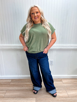 Addie Slub Cuffed Sleeve Tee - Plus - Olive-Top-ZENANA-Fall Favorites,Tops Collection-The Twisted Chandelier
