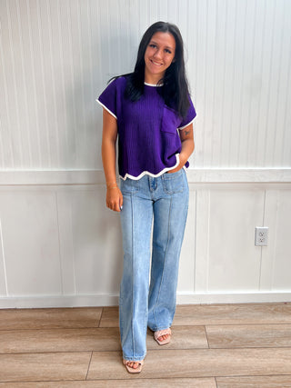 Peyton Drop Shoulder Short Sleeve Scallop Hem Sweater Top-Top-Vanilla Monkey-Fd 8/3/26,gameday,Tops Collection-The Twisted Chandelier